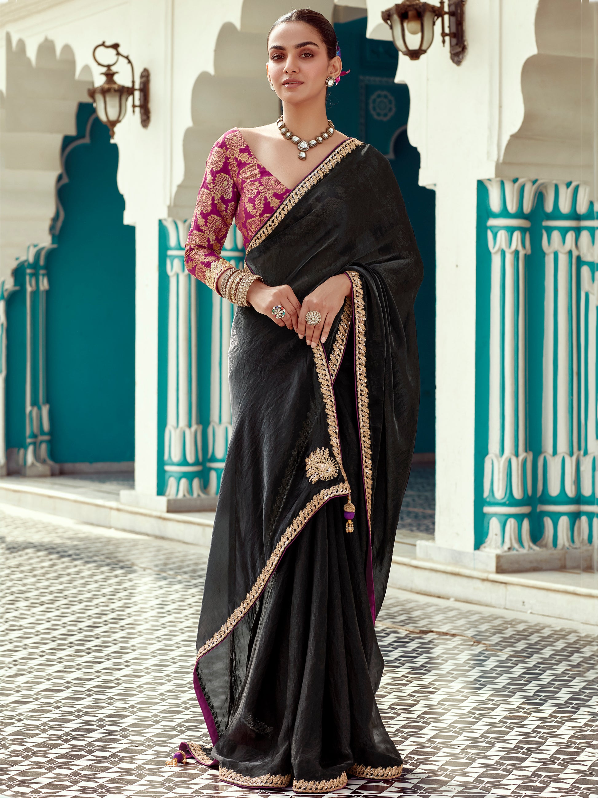 Incredible Black Sequins Embroidered Tissue Silk Party Wear Saree With Blouse