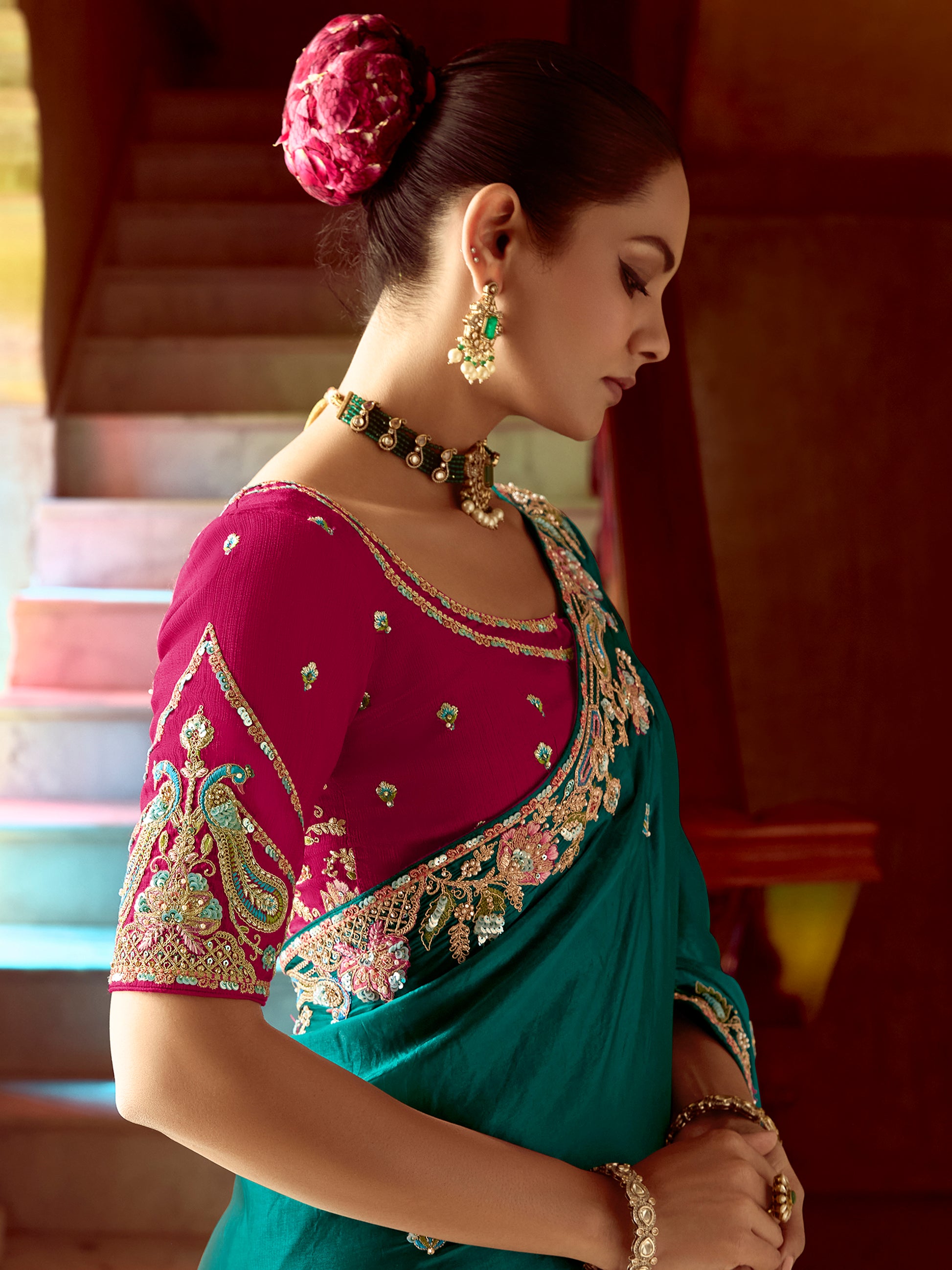 Excellent Teal Green Sequins Work Organza Wedding Wear Saree With Blouse