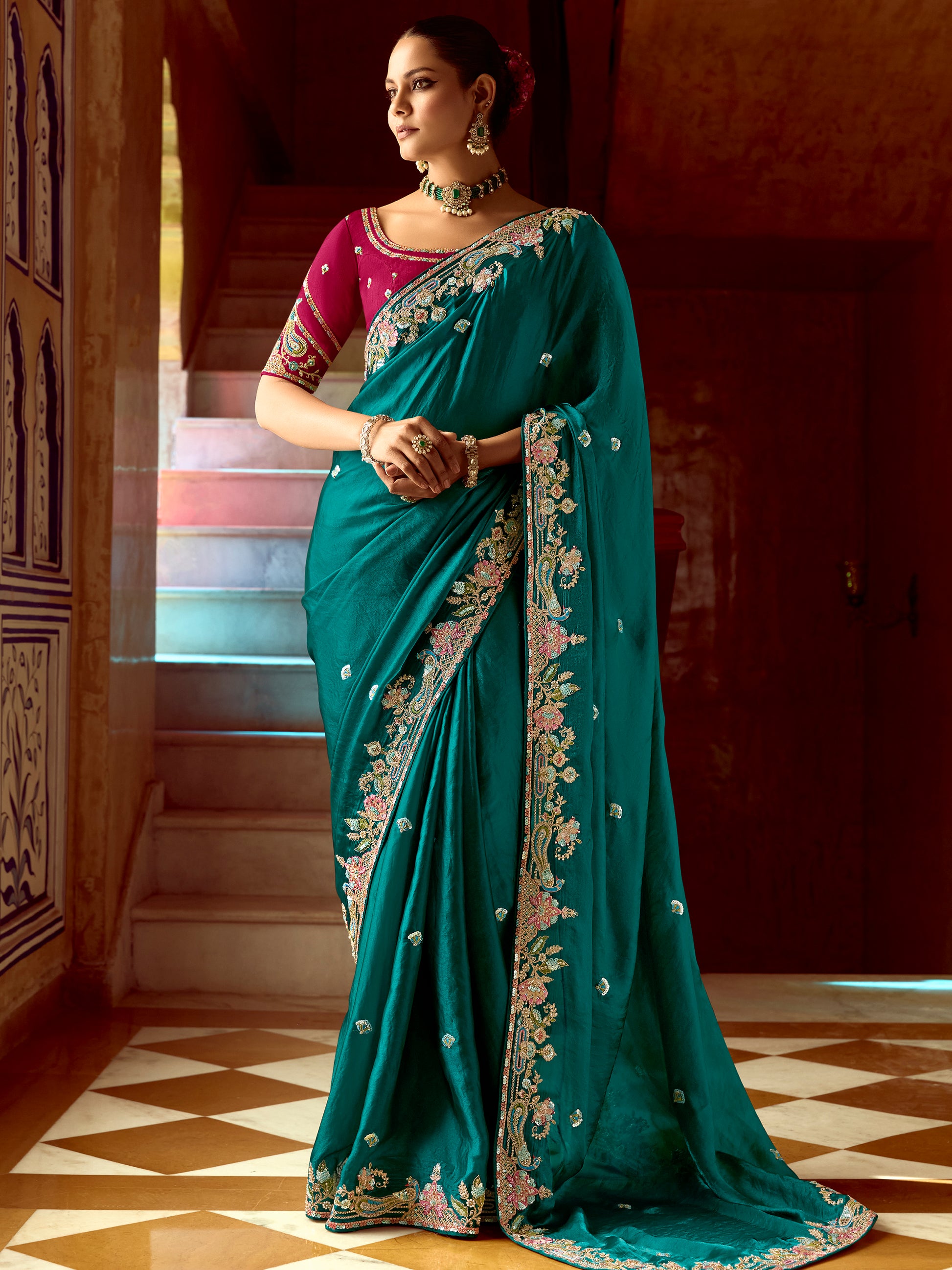 Excellent Teal Green Sequins Work Organza Wedding Wear Saree With Blouse
