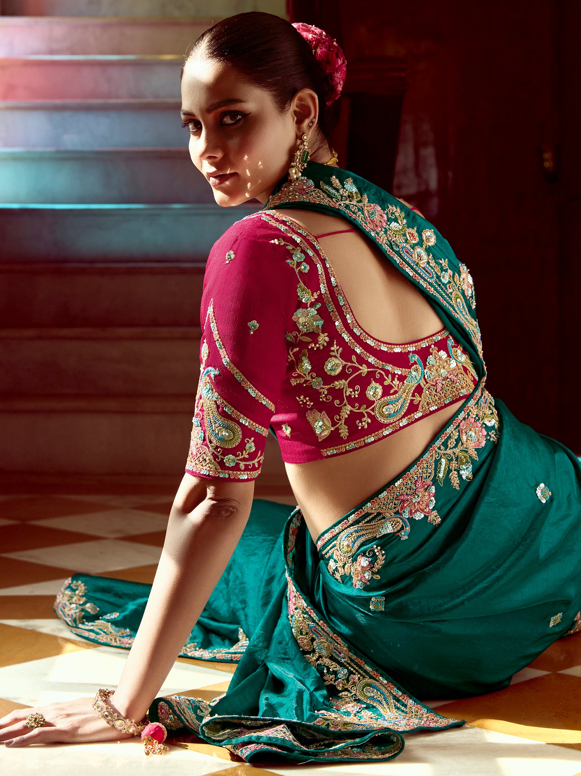 Excellent Teal Green Sequins Work Organza Wedding Wear Saree With Blouse