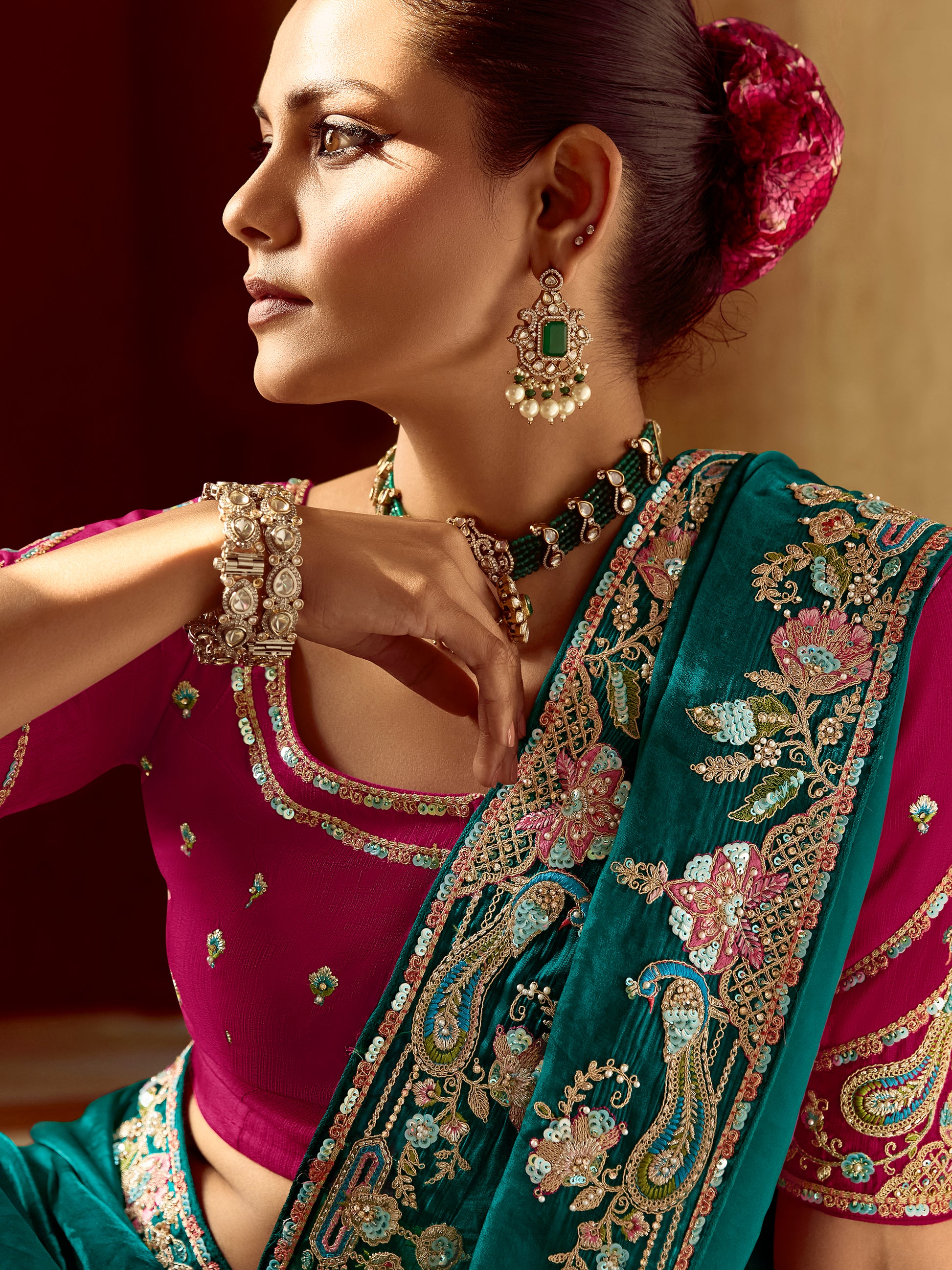 Excellent Teal Green Sequins Work Organza Wedding Wear Saree With Blouse