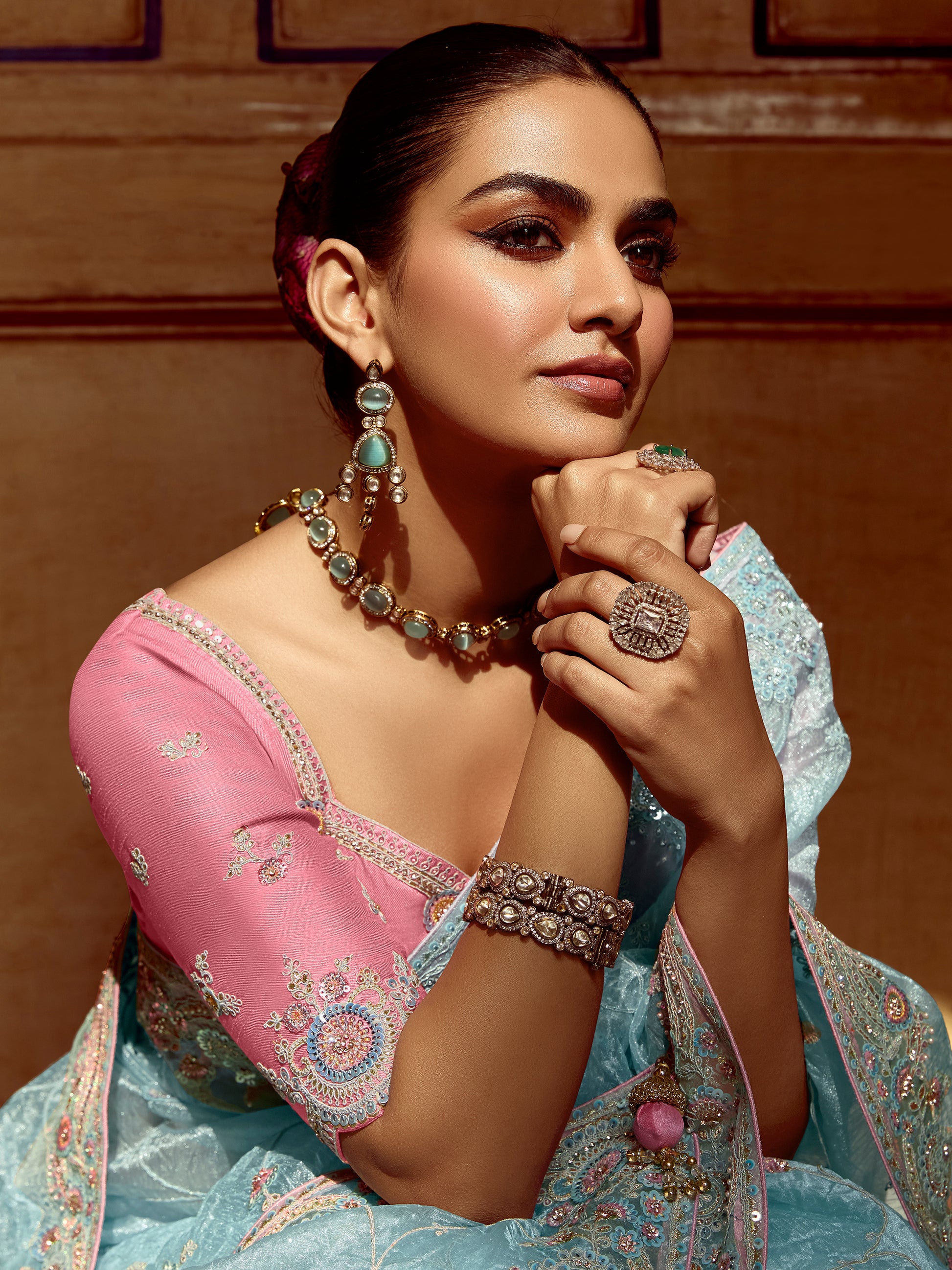 Charming Sky-Blue Sequins Organza Designer Saree With Blouse