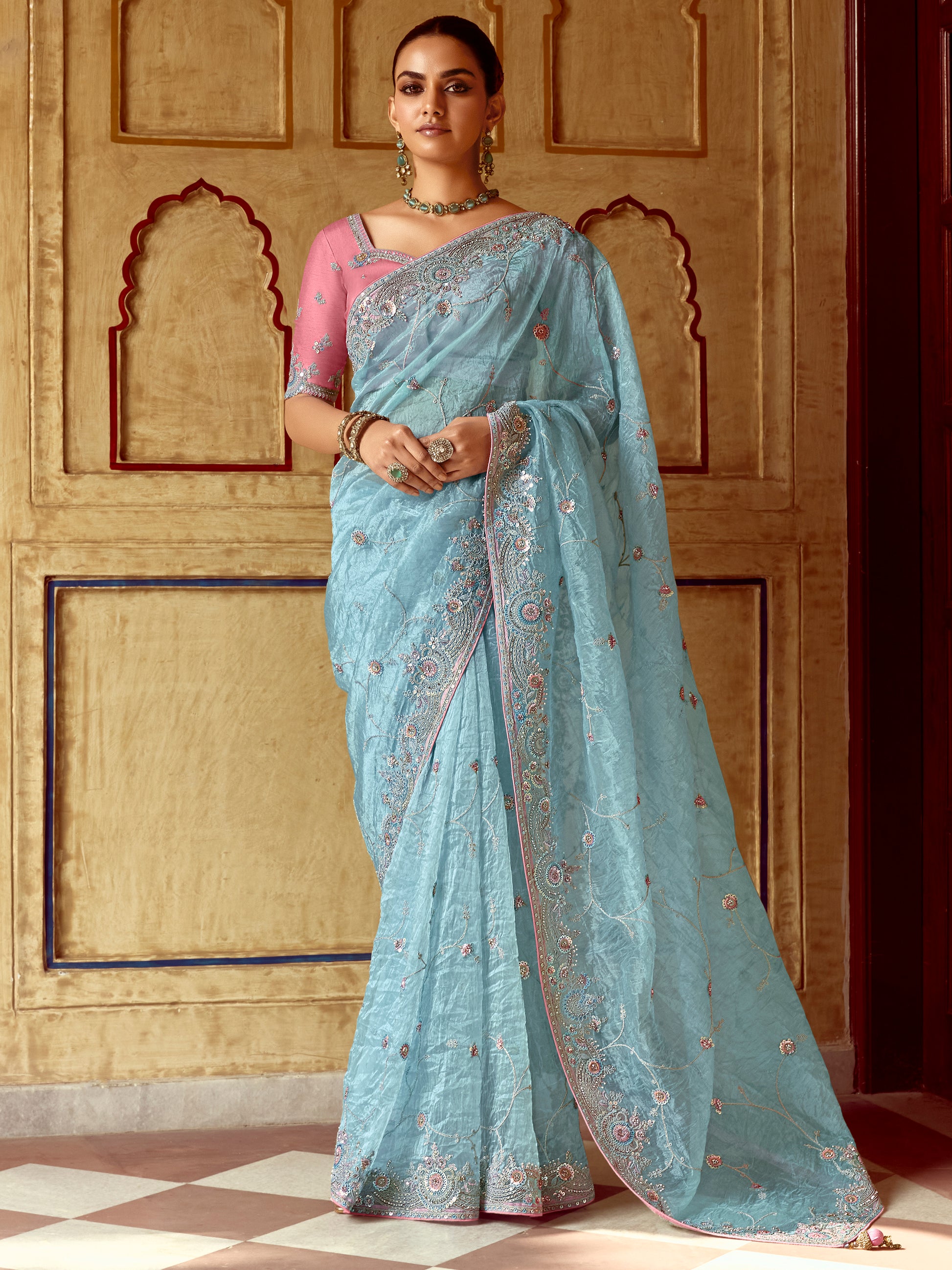 Charming Sky-Blue Sequins Organza Designer Saree With Blouse
