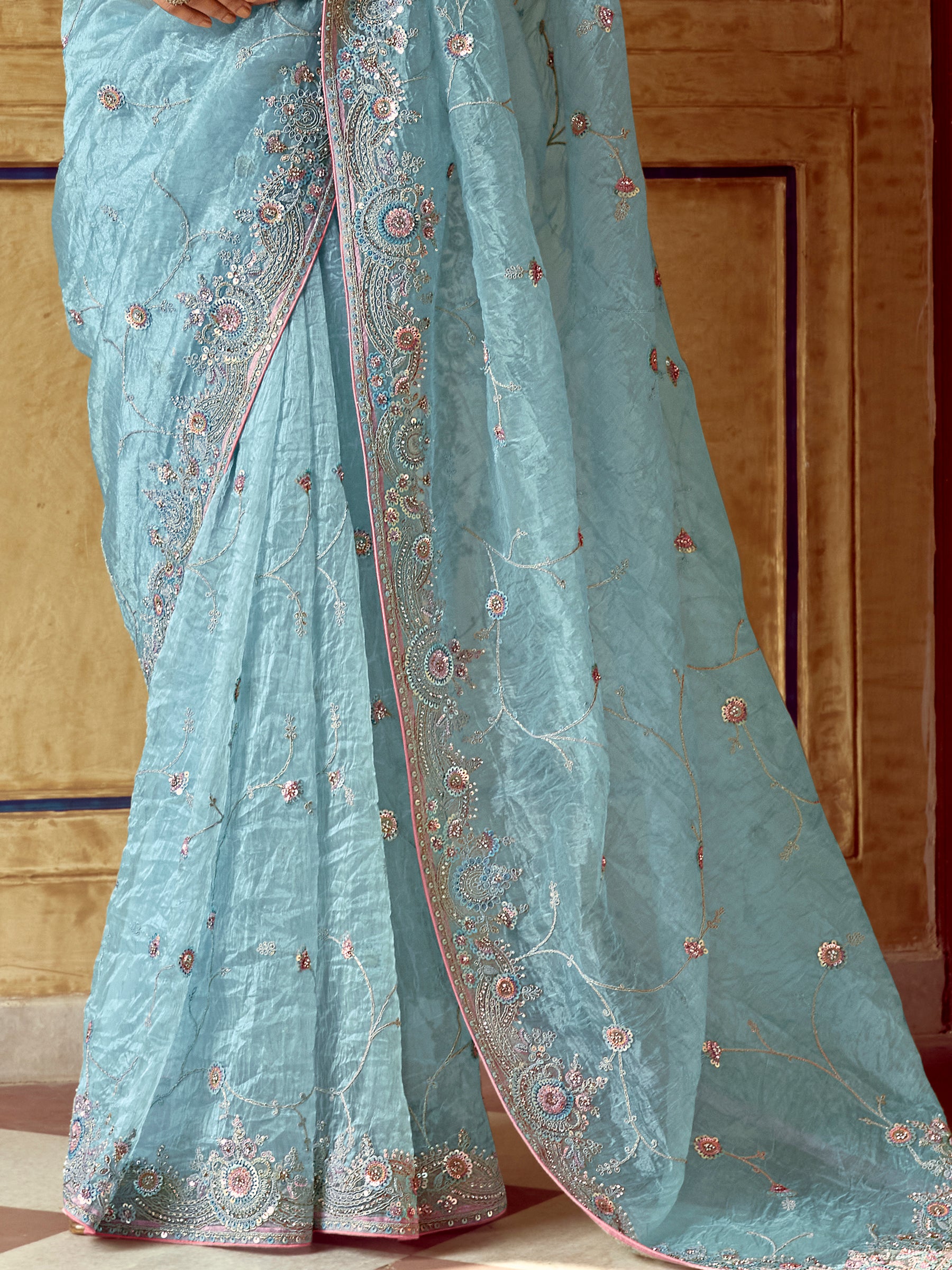 Charming Sky-Blue Sequins Organza Designer Saree With Blouse