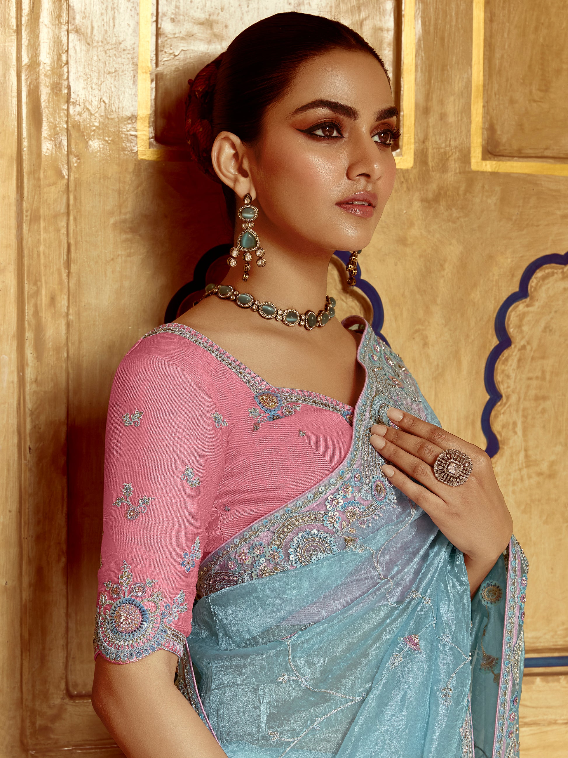 Charming Sky-Blue Sequins Organza Designer Saree With Blouse