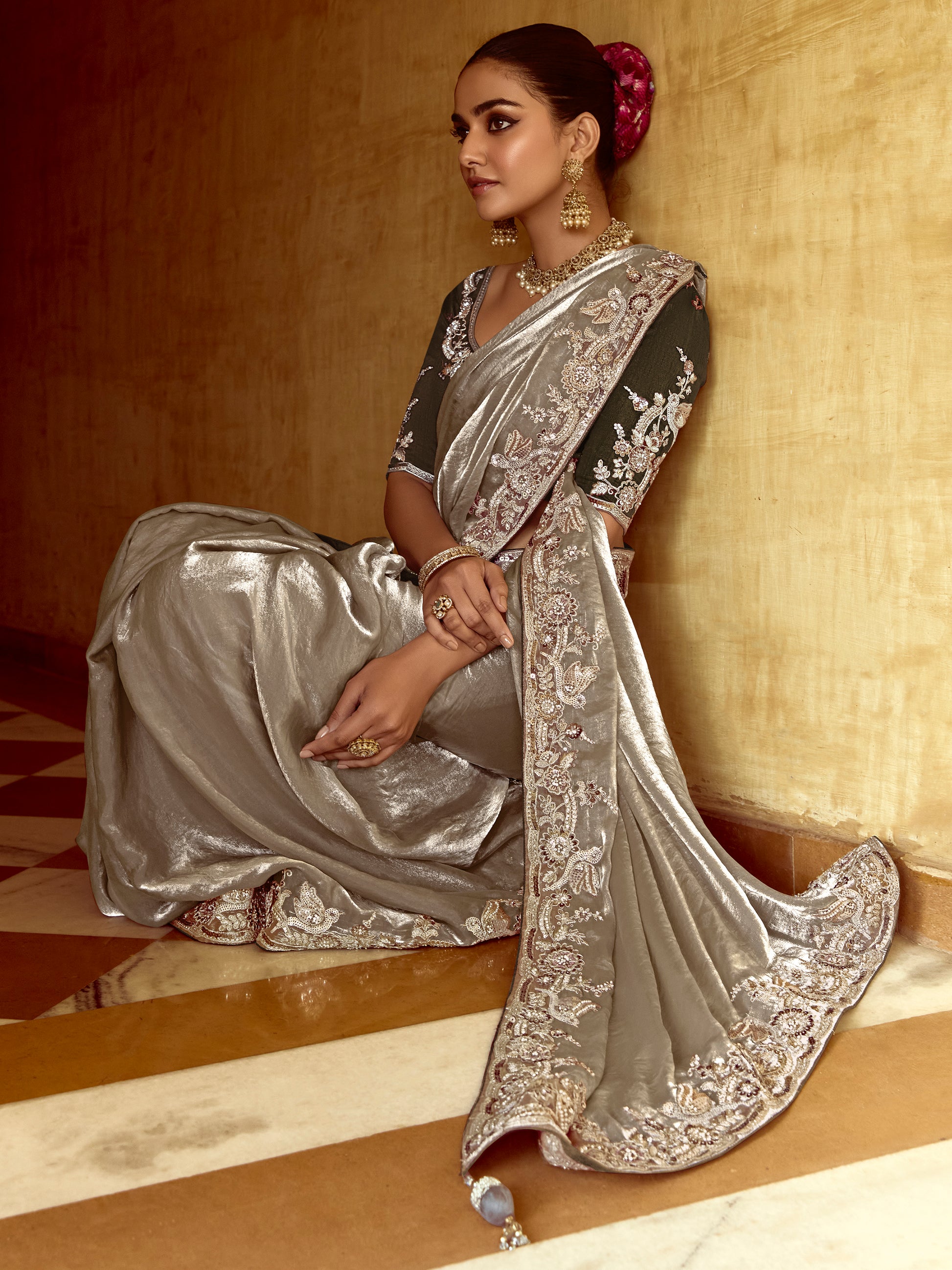 Amazing Grey Sequins Organza Traditional Wear Saree With Blouse