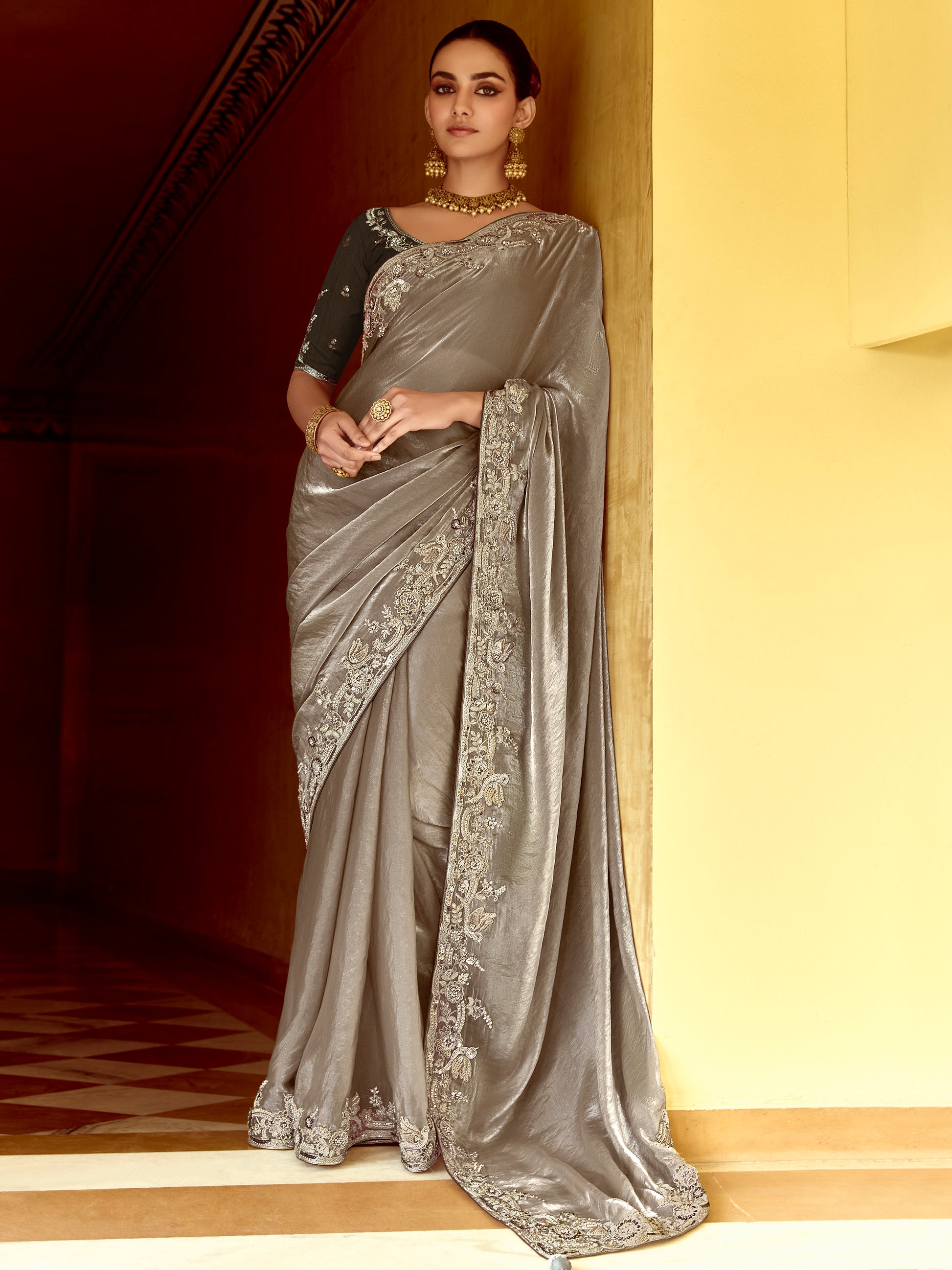 Amazing Grey Sequins Organza Traditional Wear Saree With Blouse