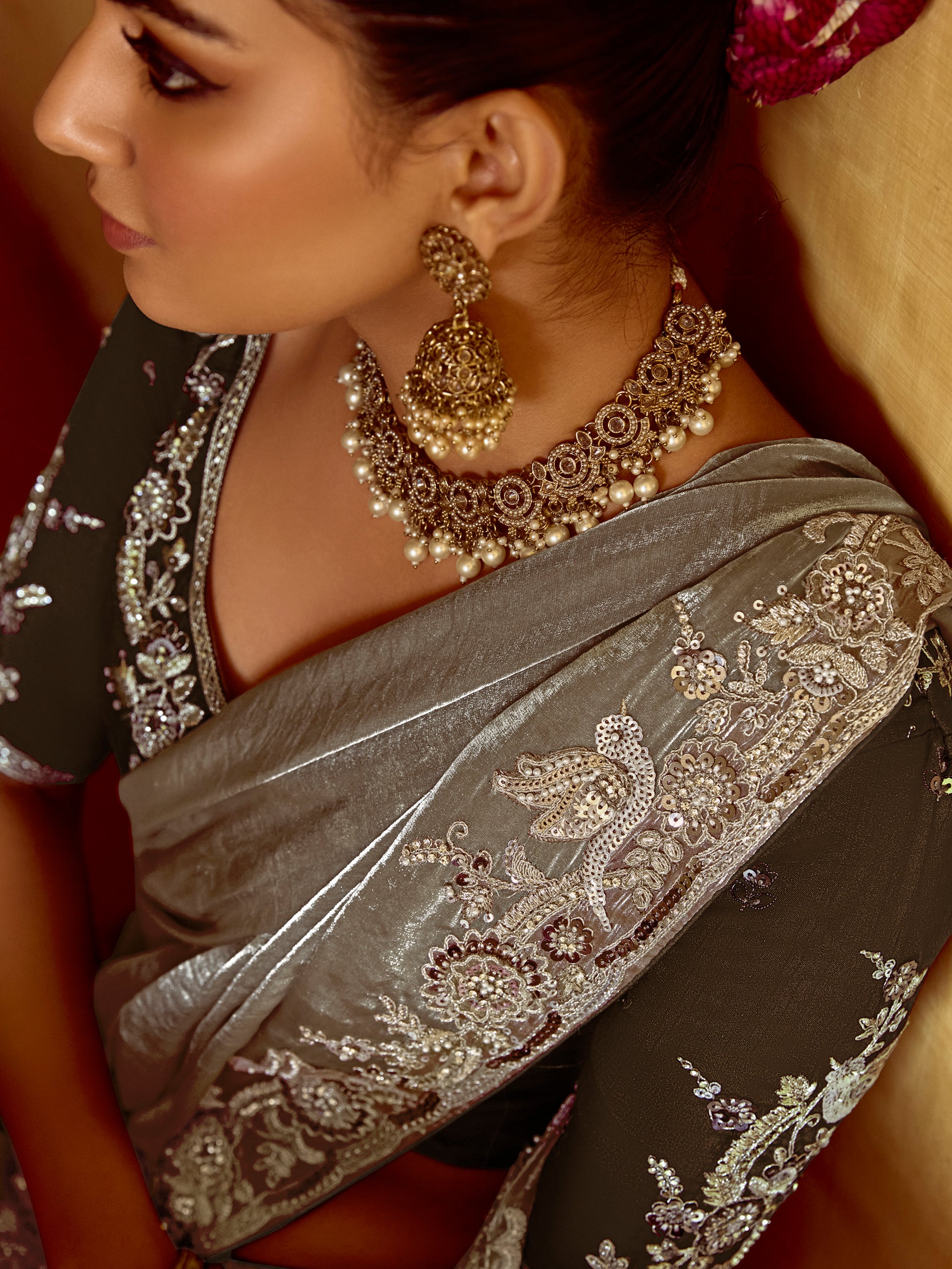 Amazing Grey Sequins Organza Traditional Wear Saree With Blouse