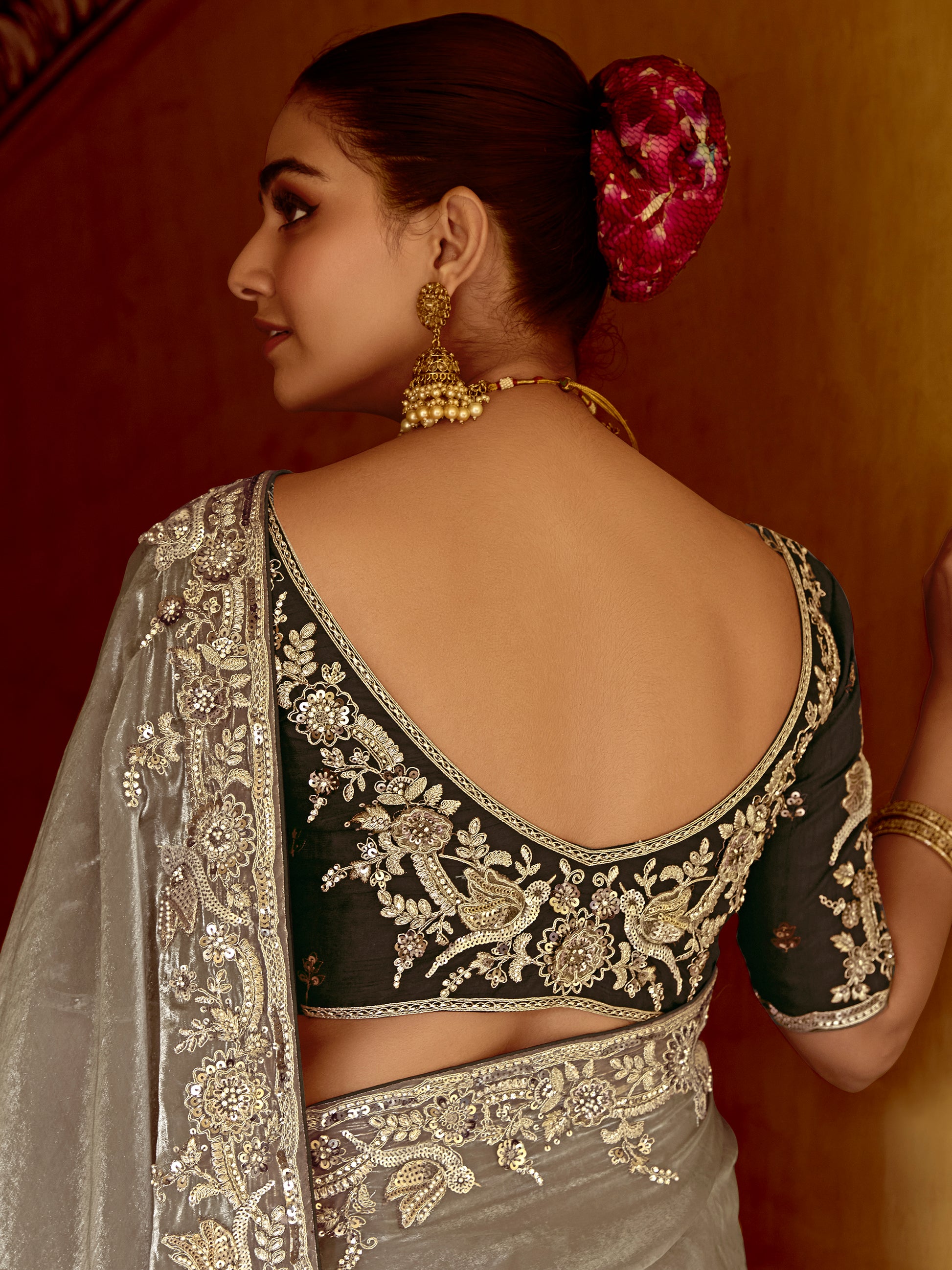 Amazing Grey Sequins Organza Traditional Wear Saree With Blouse