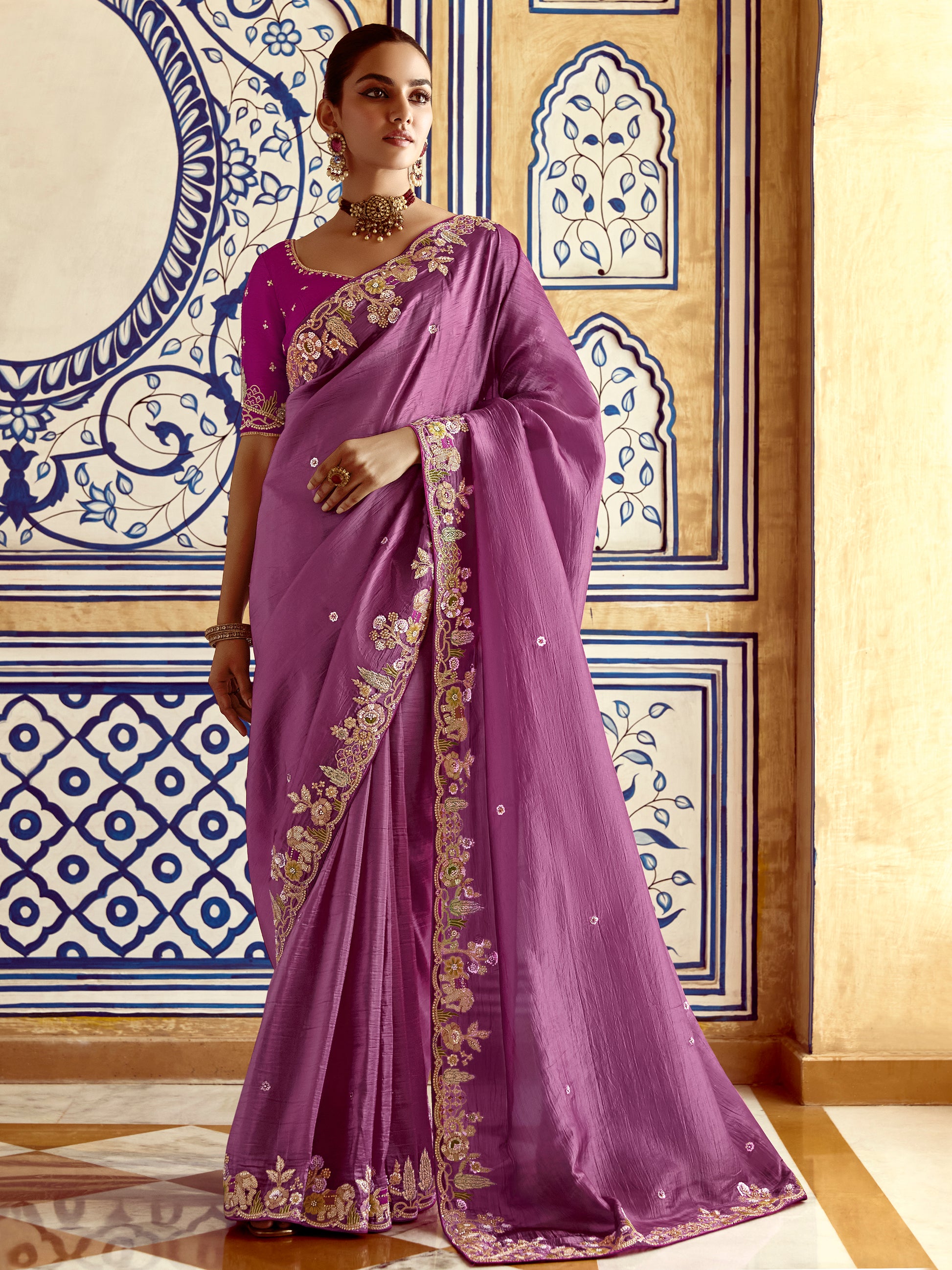 Fantastic Purple Thread Embroidered Organza Engagement Wear Saree
