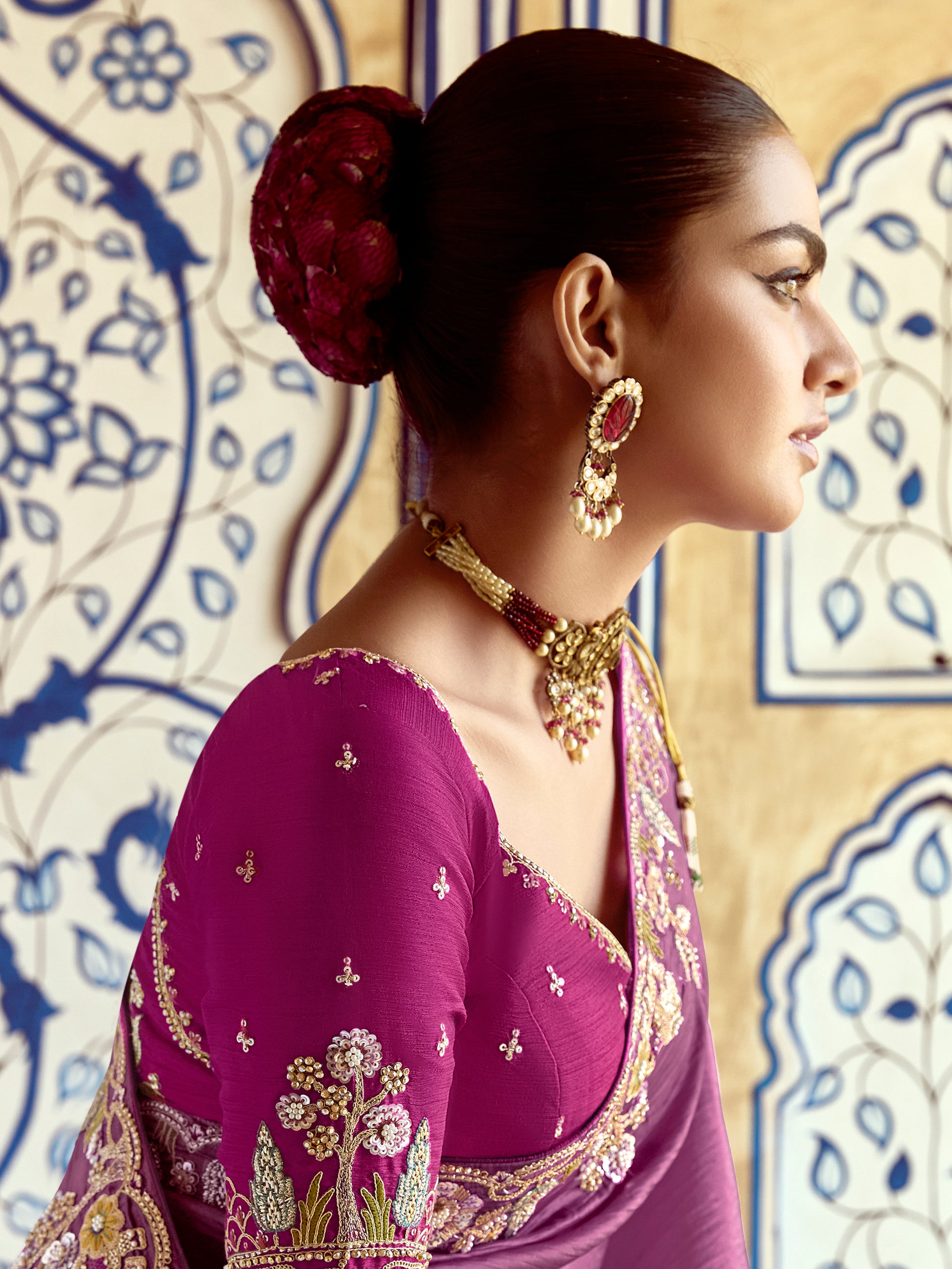 Fantastic Purple Thread Embroidered Organza Engagement Wear Saree