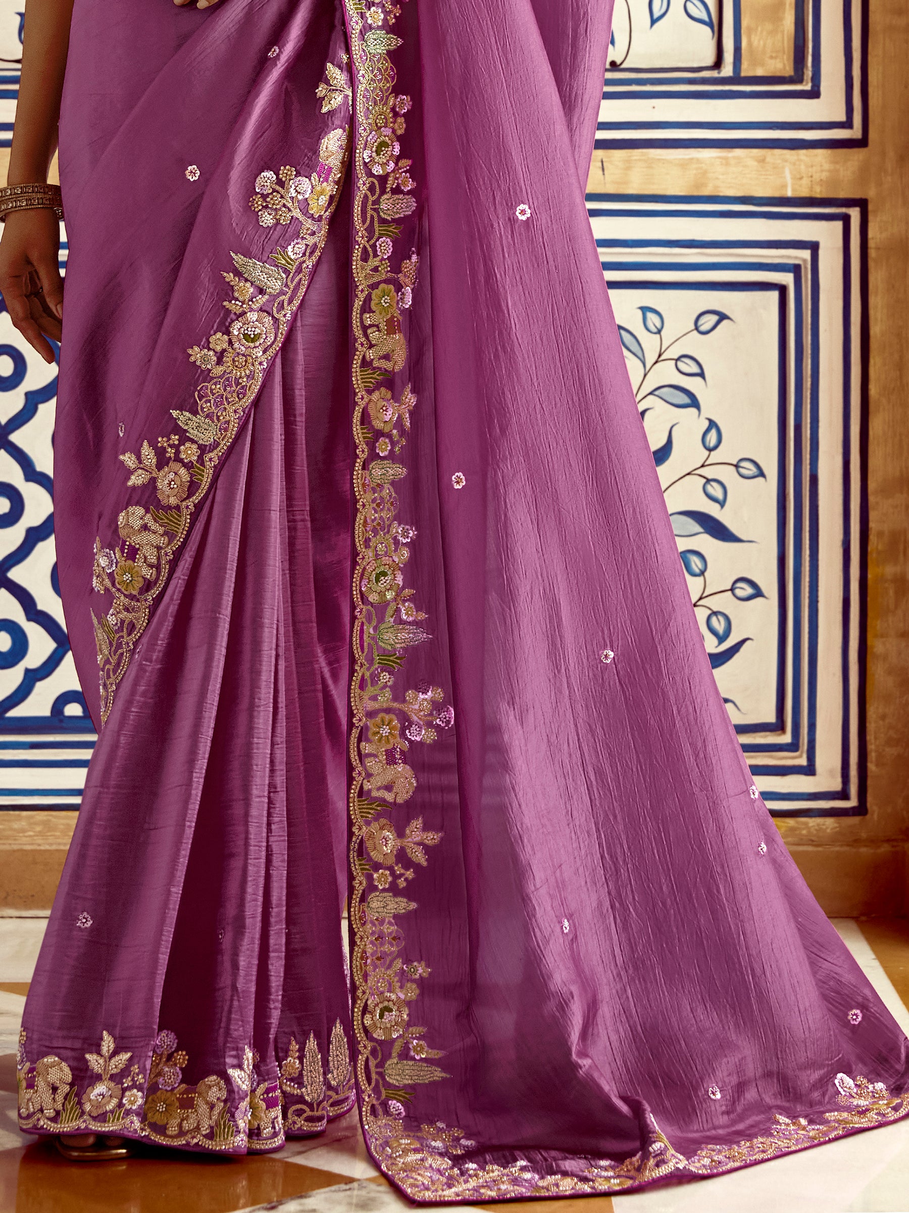Fantastic Purple Thread Embroidered Organza Engagement Wear Saree
