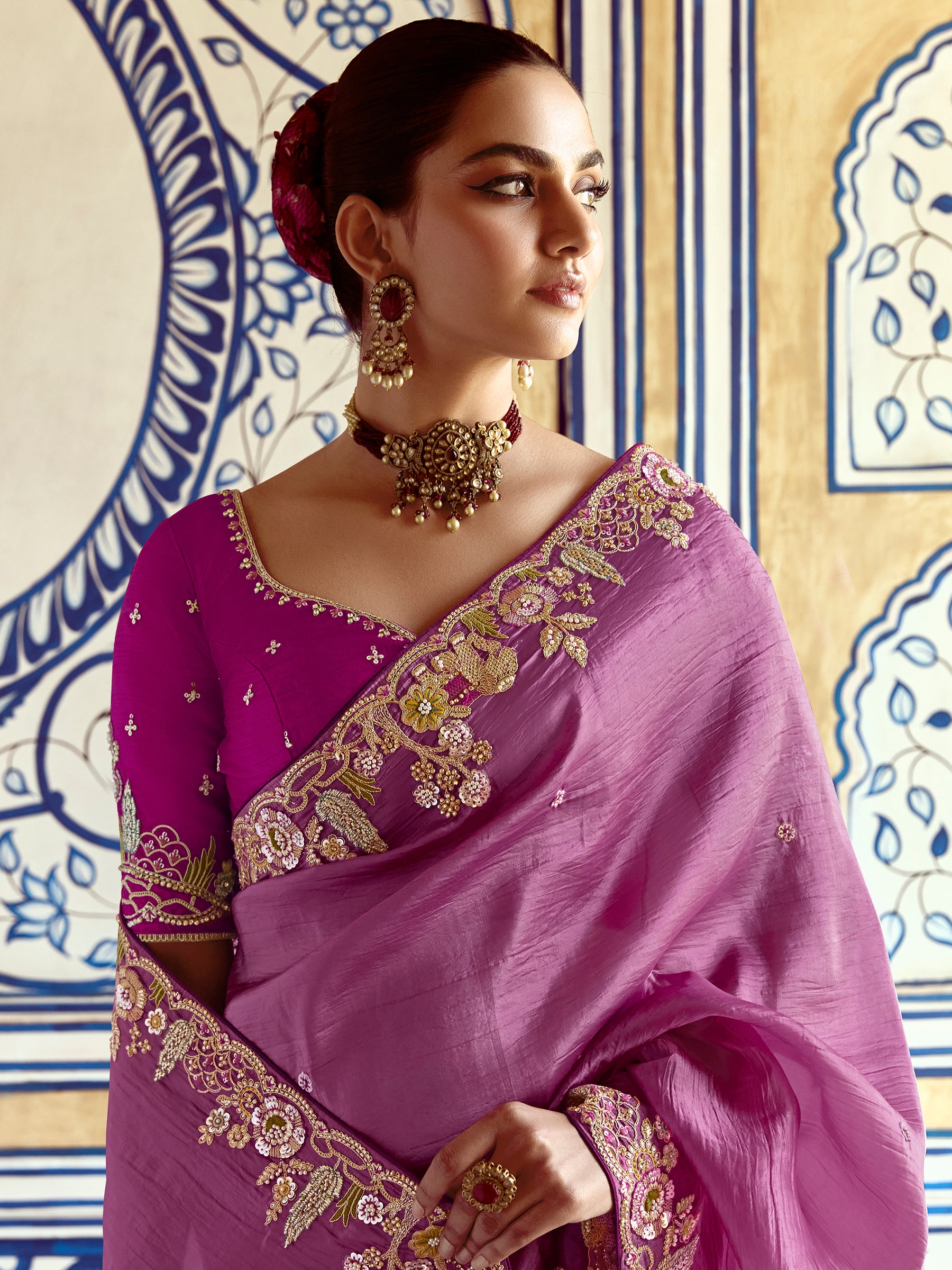 Fantastic Purple Thread Embroidered Organza Engagement Wear Saree