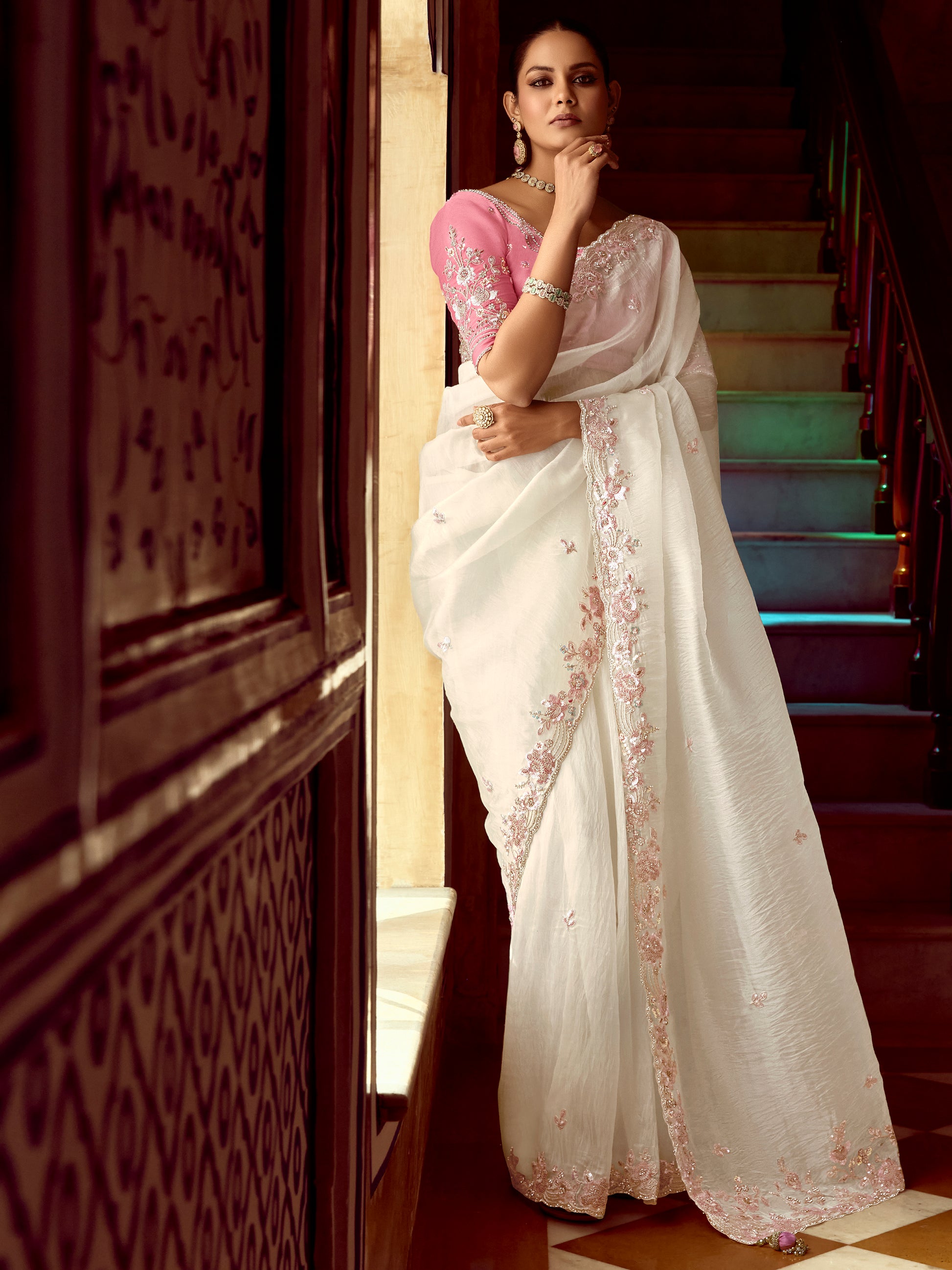 Gorgeous White Heavy Bordered Organza Silk Saree With Blouse