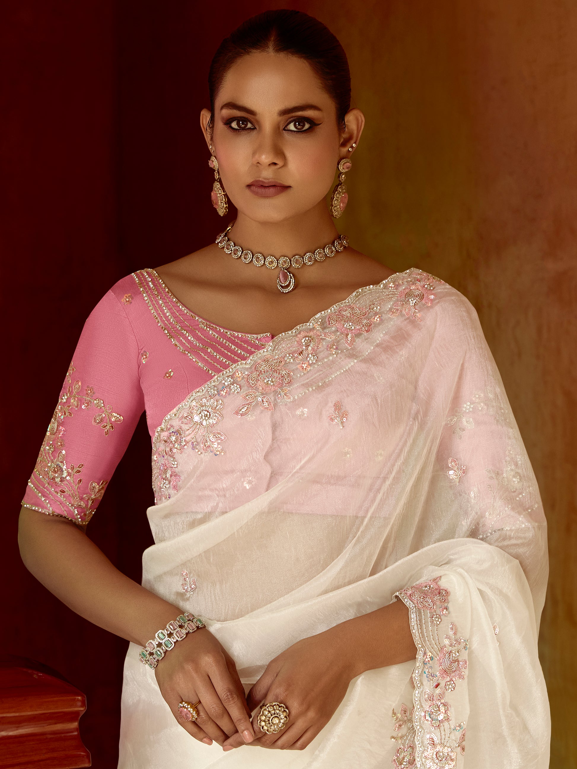 Gorgeous White Heavy Bordered Organza Silk Saree With Blouse