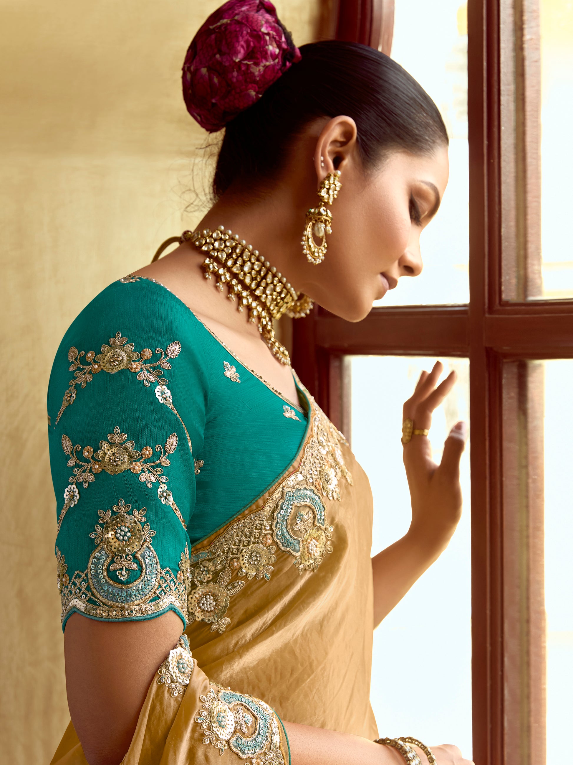 Astonishing Mustered Yellow Organza Silk Bridal Saree With Blouse