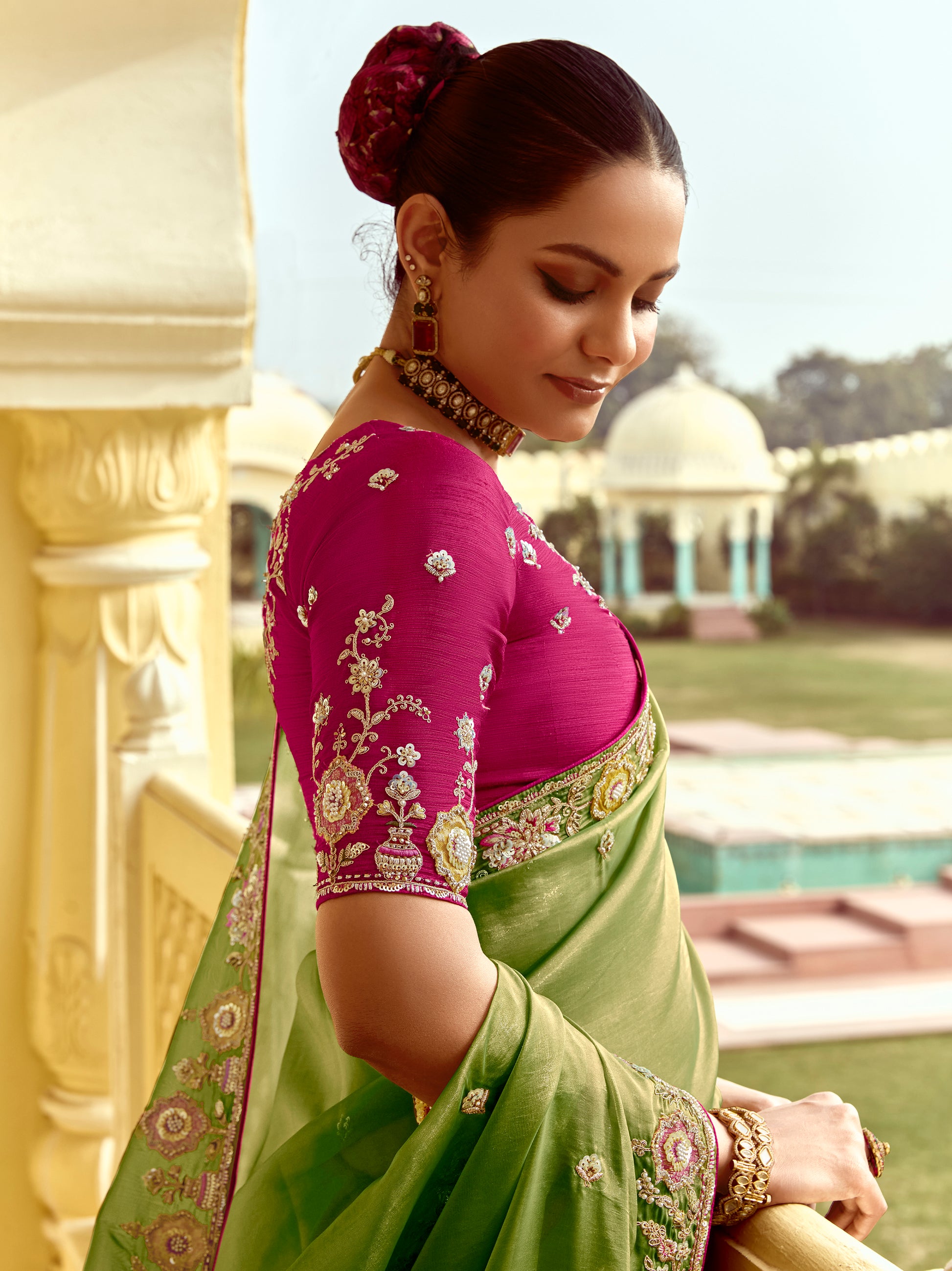 Attractive Green Thread Work Organza Silk Wedding Wear Saree With Blouse