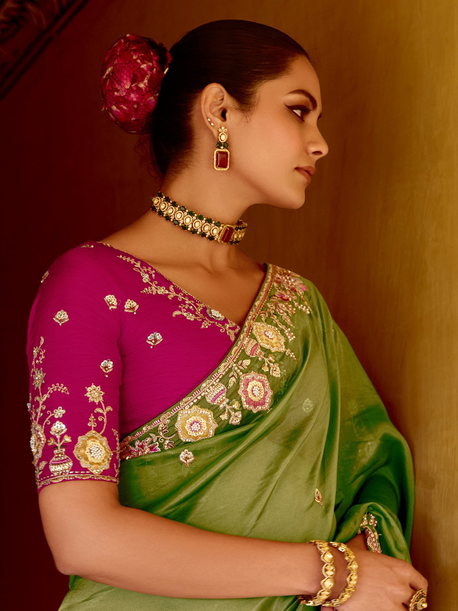Attractive Green Thread Work Organza Silk Wedding Wear Saree With Blouse