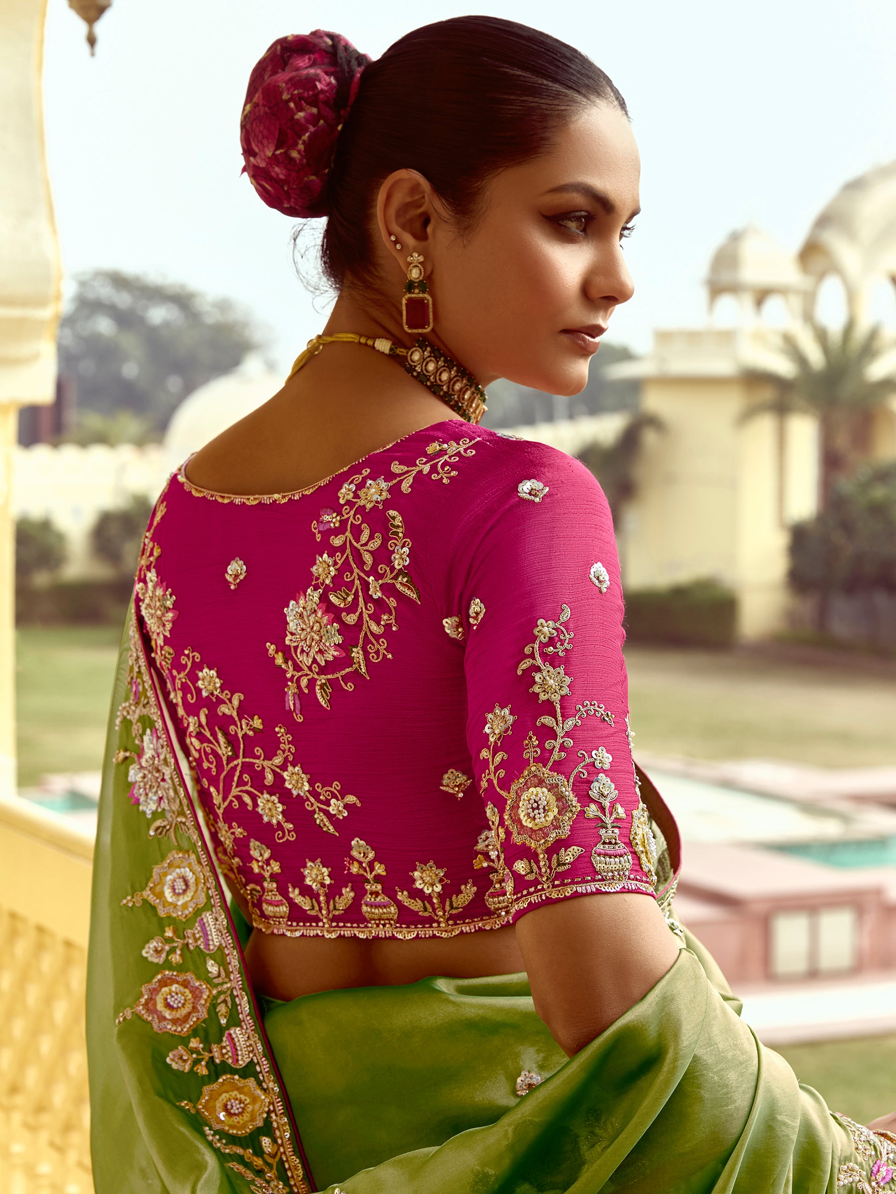 Attractive Green Thread Work Organza Silk Wedding Wear Saree With Blouse