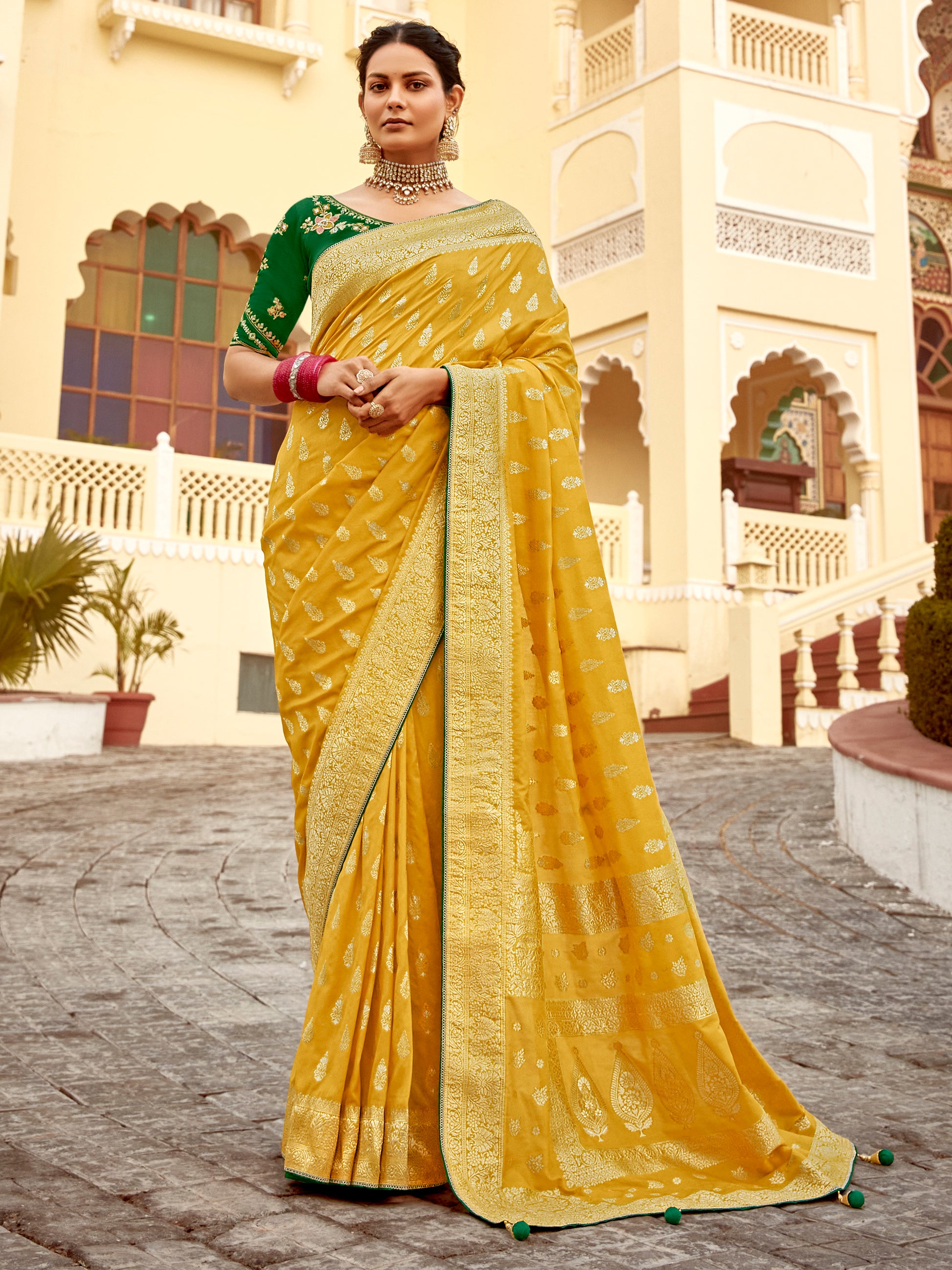 Outstanding Yellow Zari Weaving Dola Silk Haldi Wear Saree