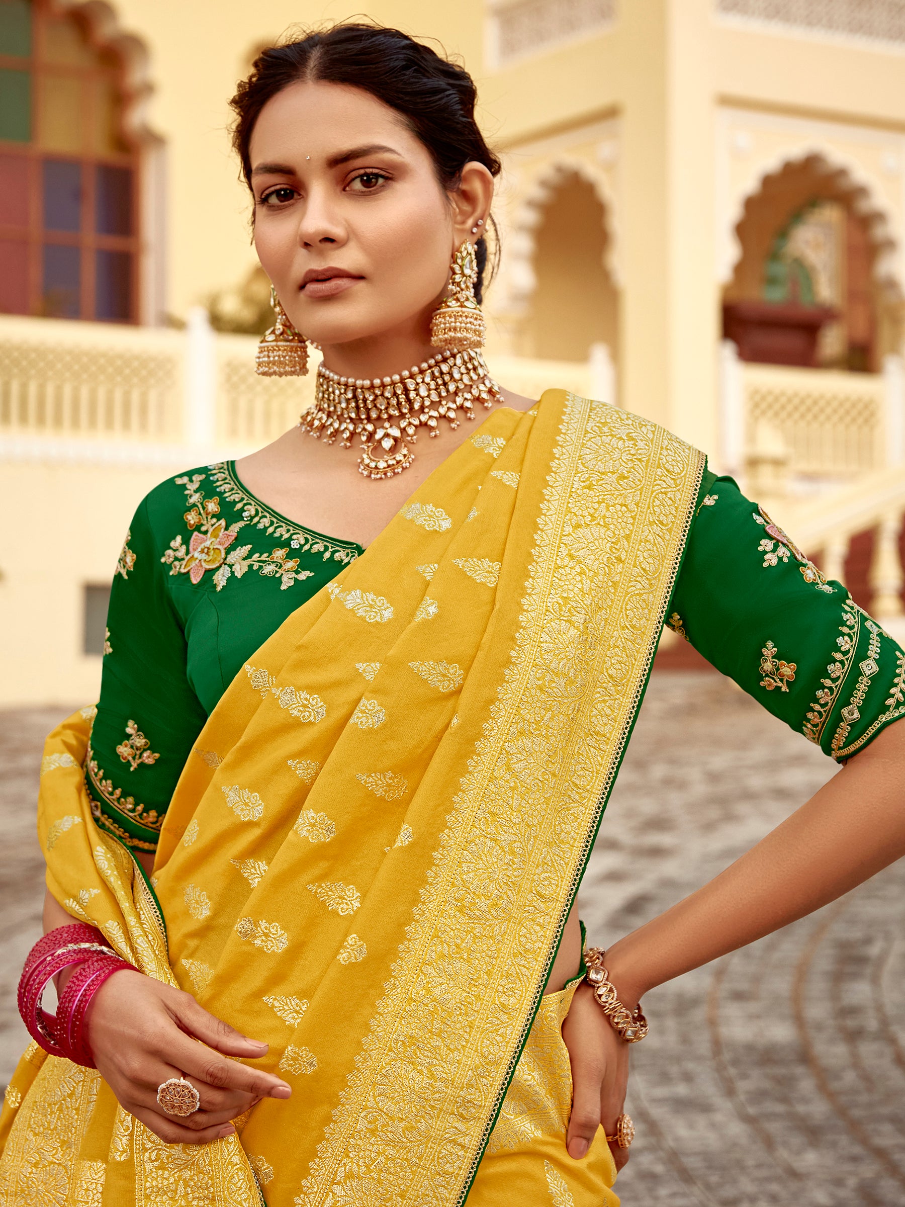 Outstanding Yellow Zari Weaving Dola Silk Haldi Wear Saree