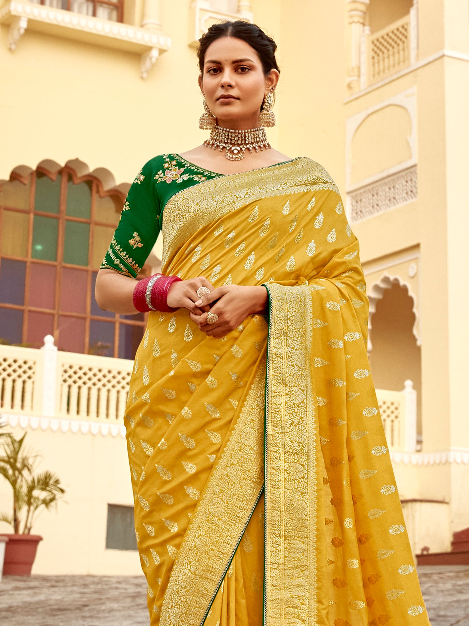Outstanding Yellow Zari Weaving Dola Silk Haldi Wear Saree
