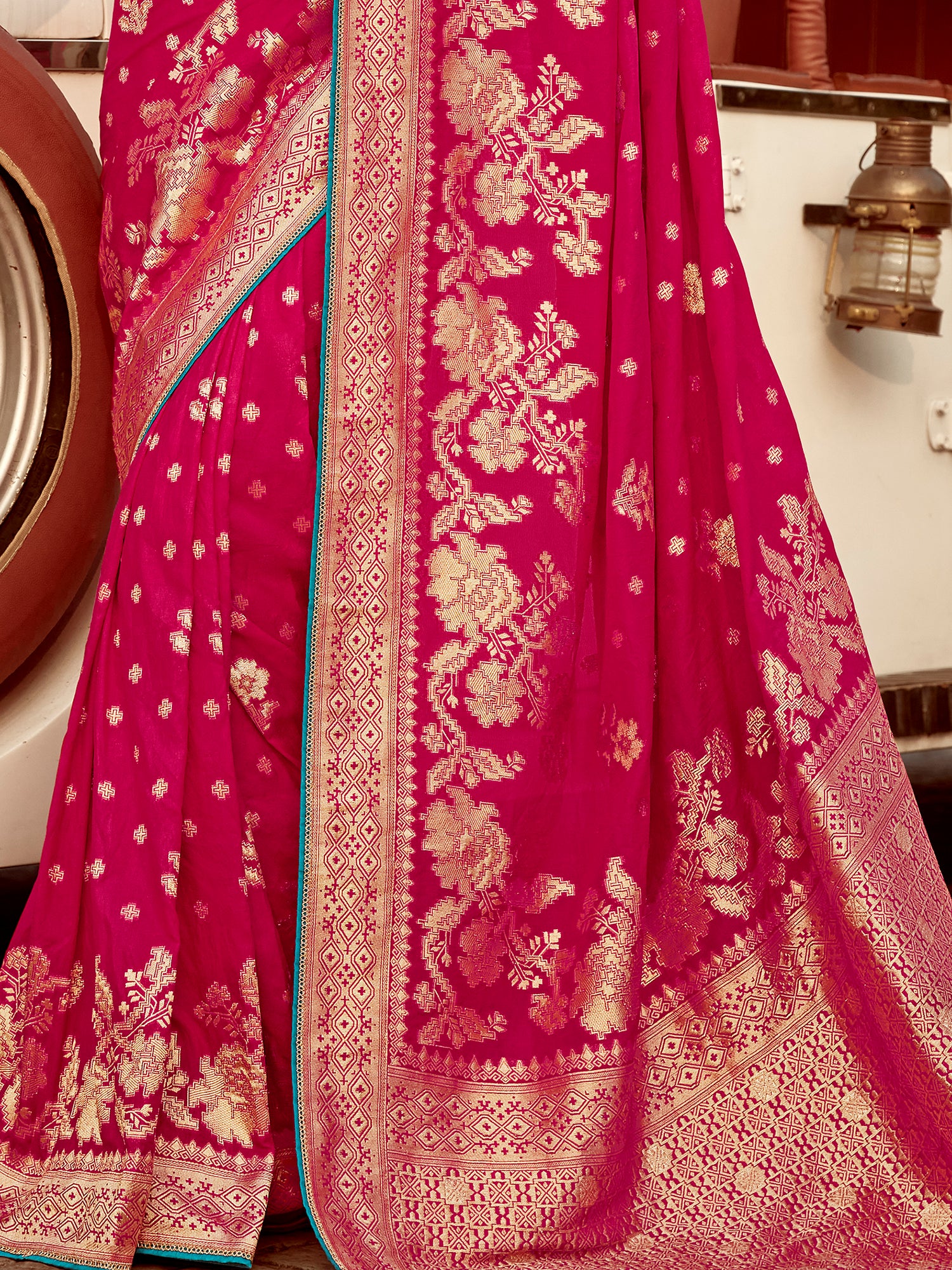 Astonishing Pink Zari Weaving Dola Silk Engagement Wear Saree
