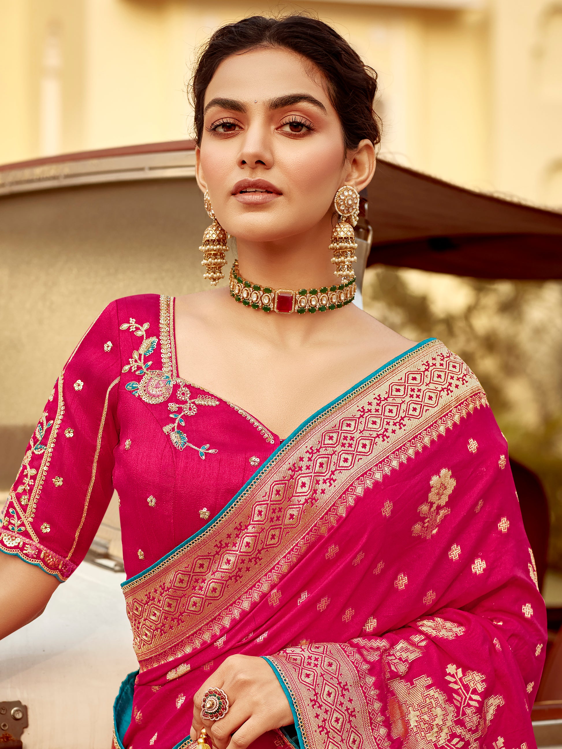 Astonishing Pink Zari Weaving Dola Silk Engagement Wear Saree