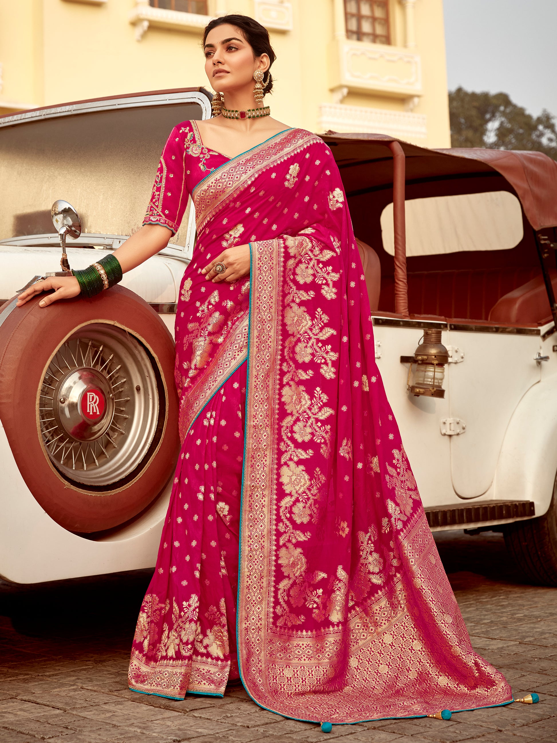 Astonishing Pink Zari Weaving Dola Silk Engagement Wear Saree