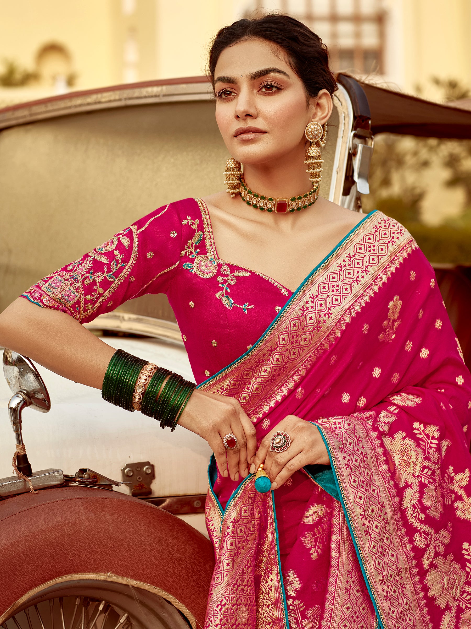 Astonishing Pink Zari Weaving Dola Silk Engagement Wear Saree
