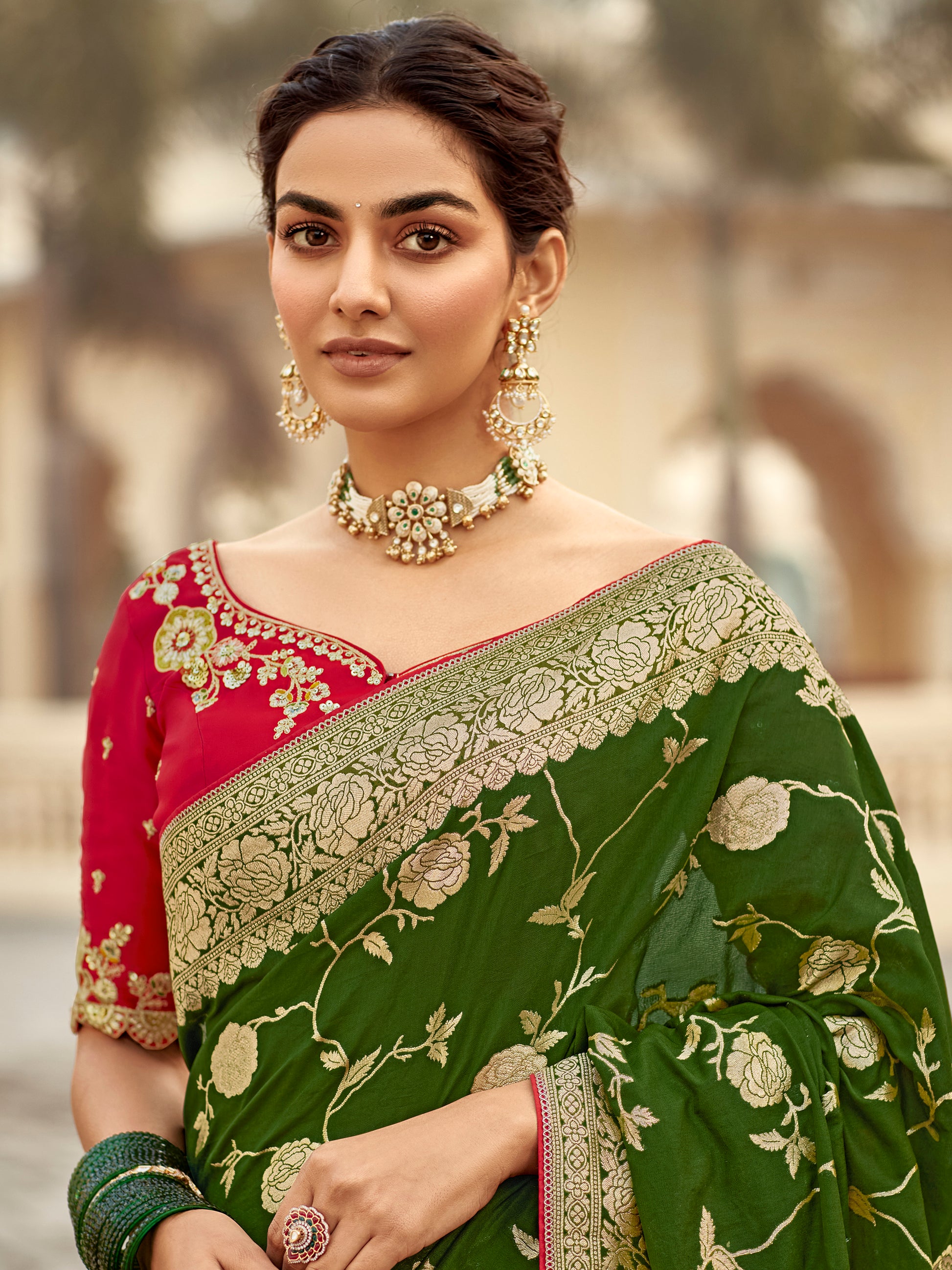 Enchanting Olive Green Zari Weaving Dola Silk Mehendi Wear Saree