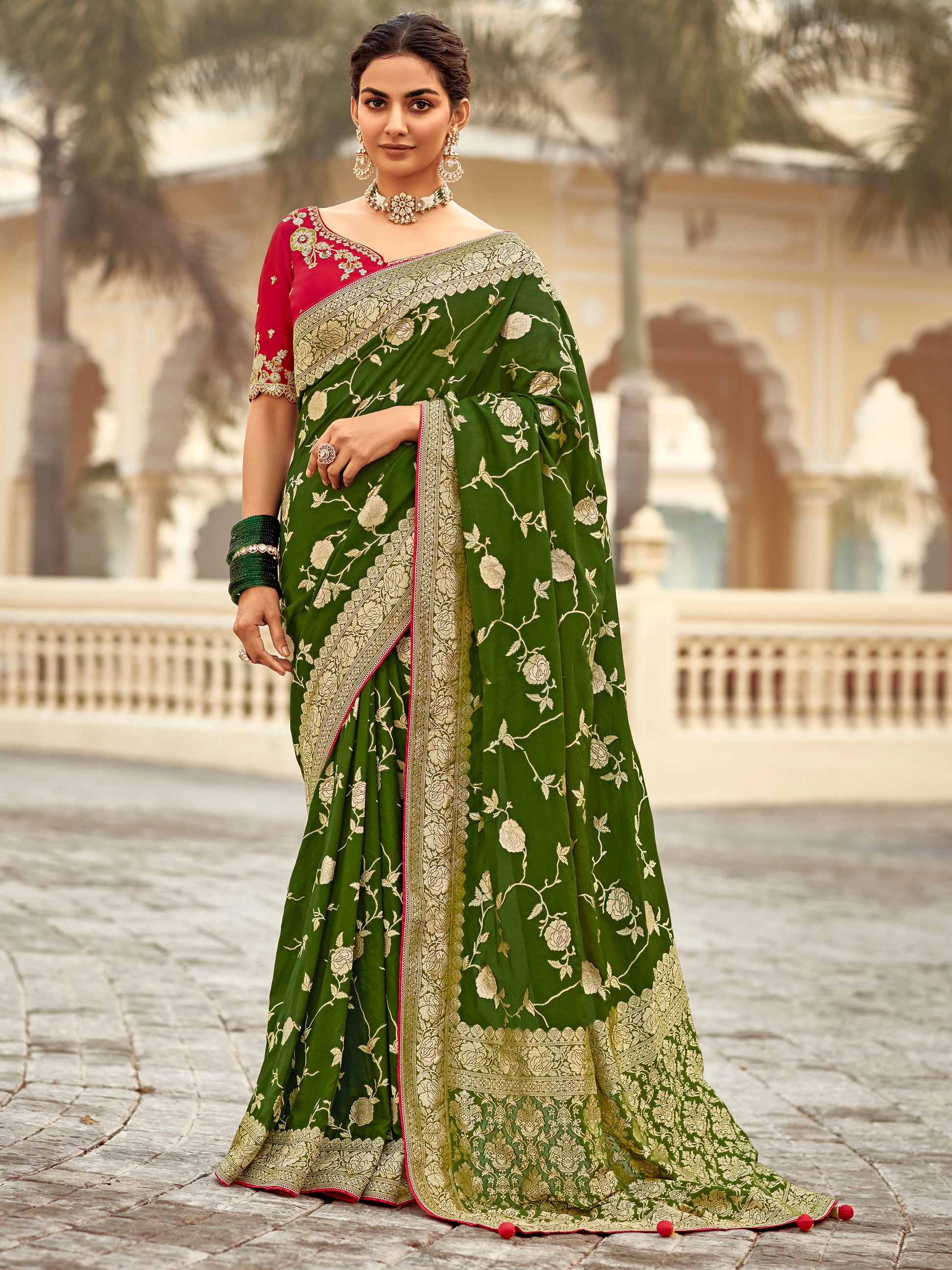 Enchanting Olive Green Zari Weaving Dola Silk Mehendi Wear Saree