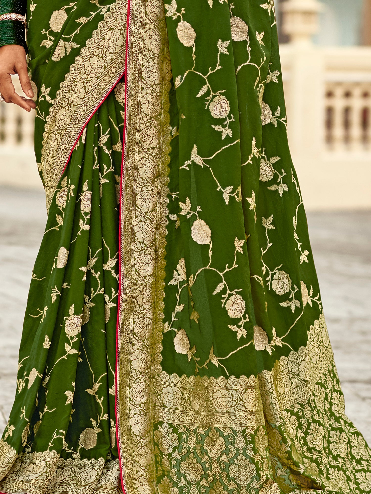 Enchanting Olive Green Zari Weaving Dola Silk Mehendi Wear Saree