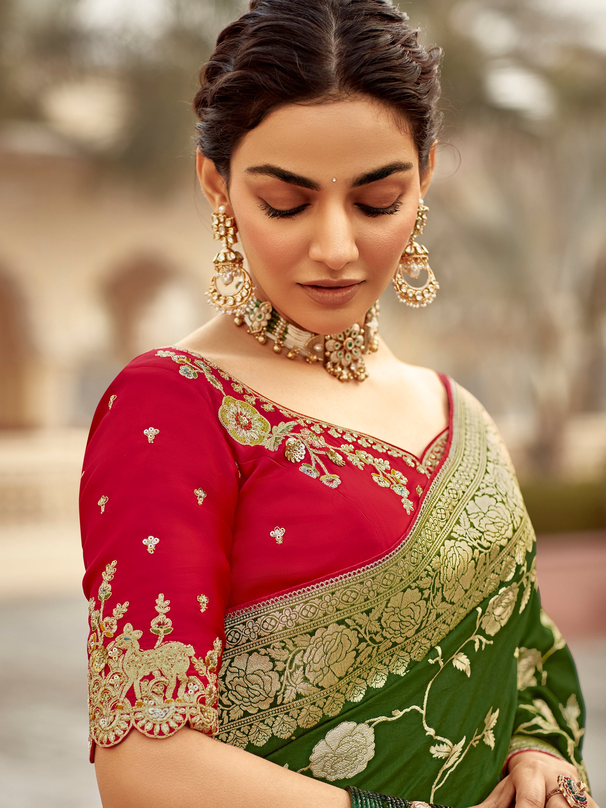 Enchanting Olive Green Zari Weaving Dola Silk Mehendi Wear Saree