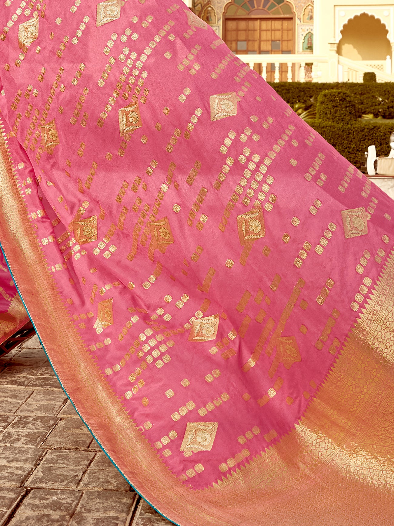 Excellent Pink Zari Weaving Dola Silk Traditional Saree With Blouse