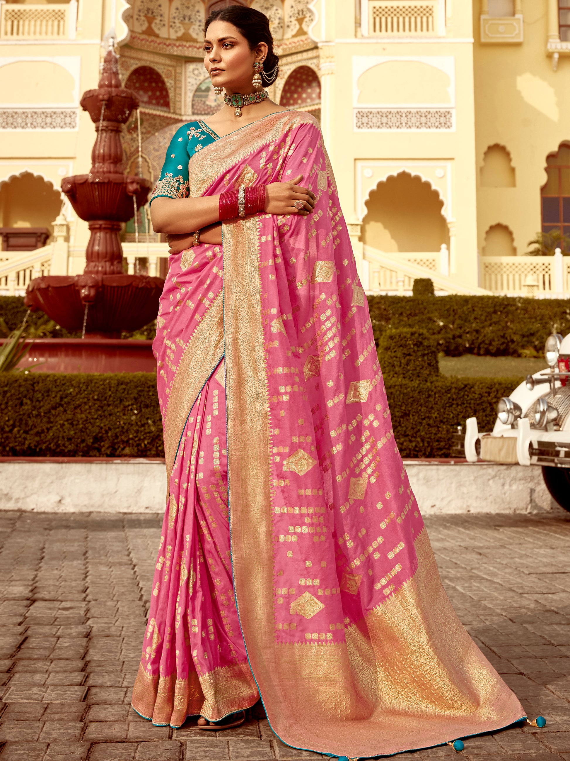 Excellent Pink Zari Weaving Dola Silk Traditional Saree With Blouse