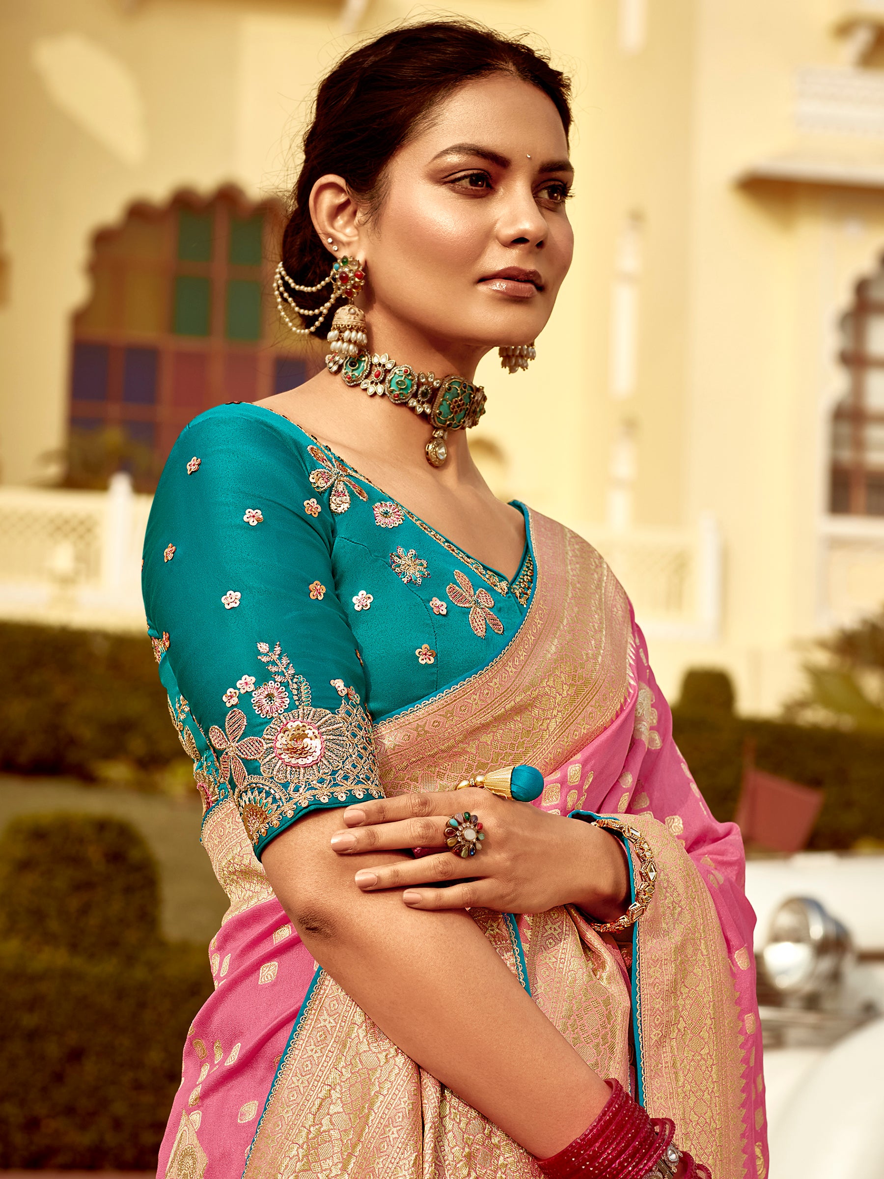 Excellent Pink Zari Weaving Dola Silk Traditional Saree With Blouse