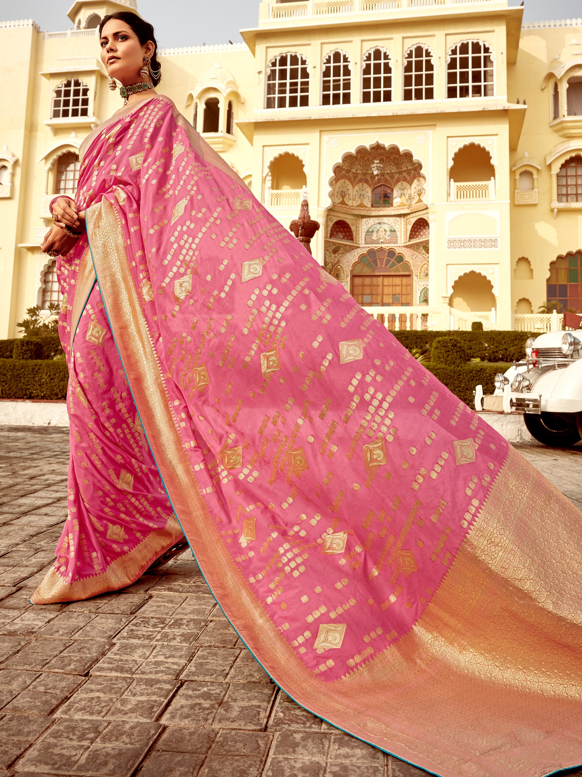 Excellent Pink Zari Weaving Dola Silk Traditional Saree With Blouse