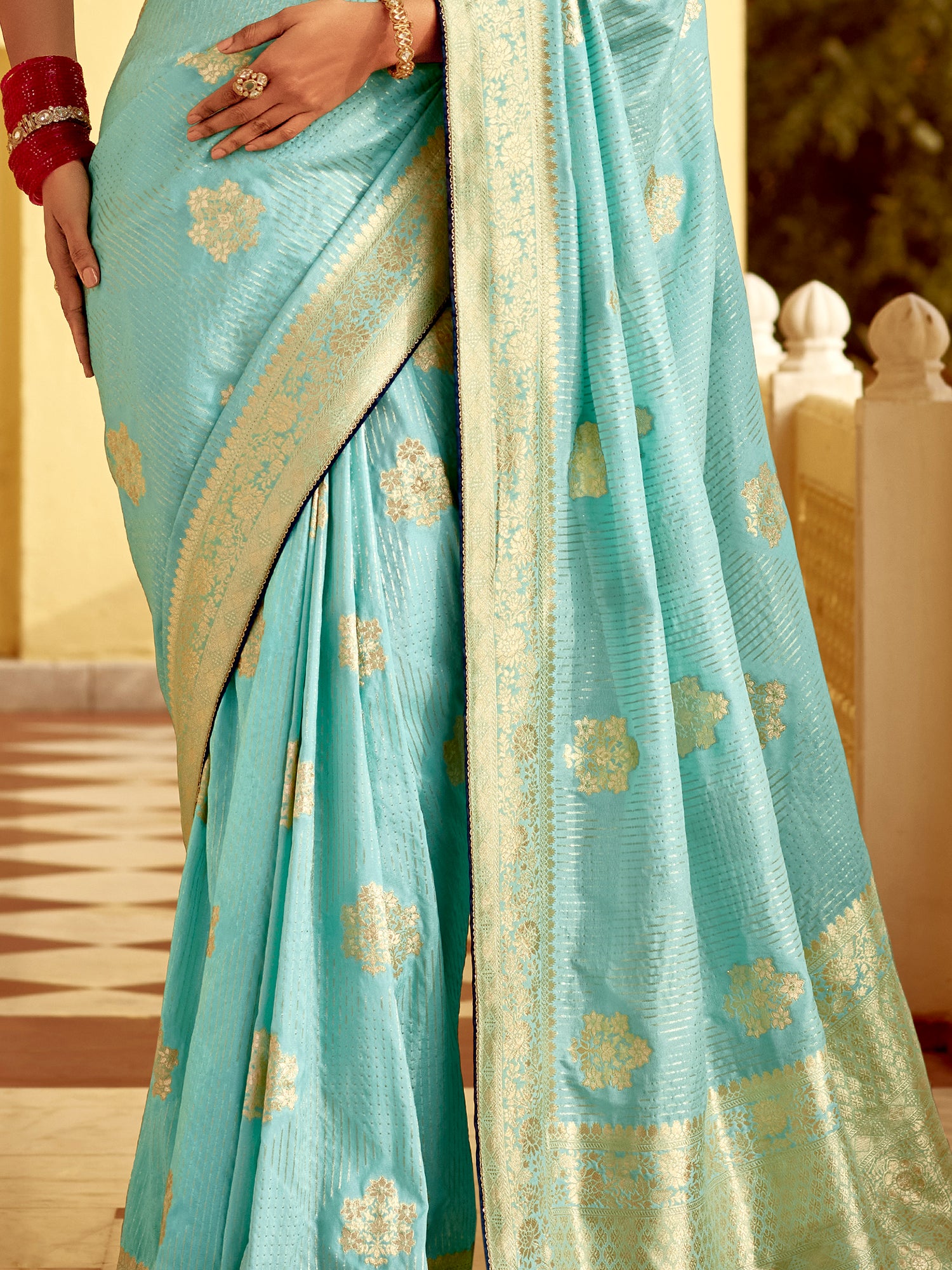 Majestic Sky Blue Zari Weaving Dola Silk Festive Wear Saree With Blouse