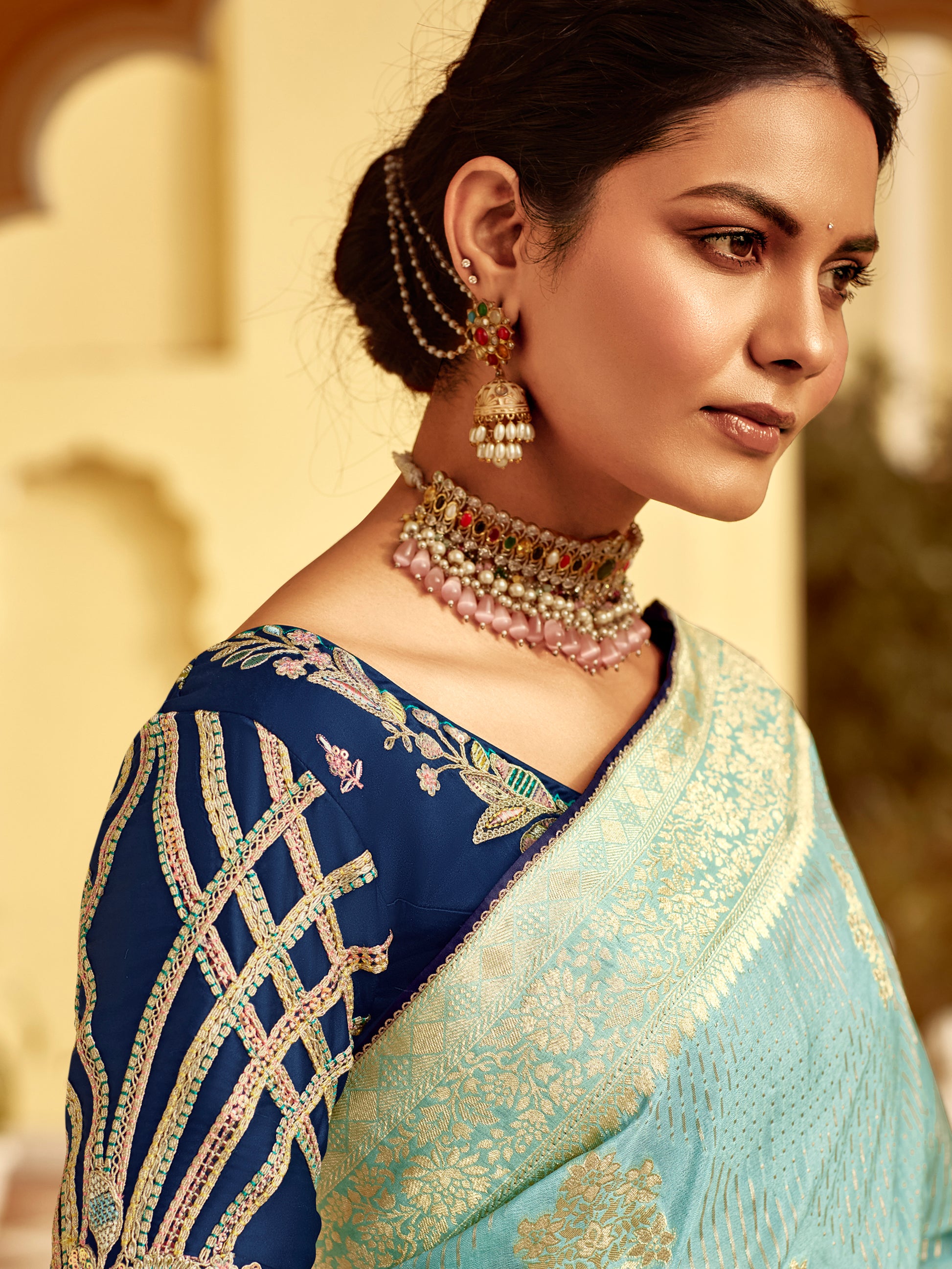 Majestic Sky Blue Zari Weaving Dola Silk Festive Wear Saree With Blouse