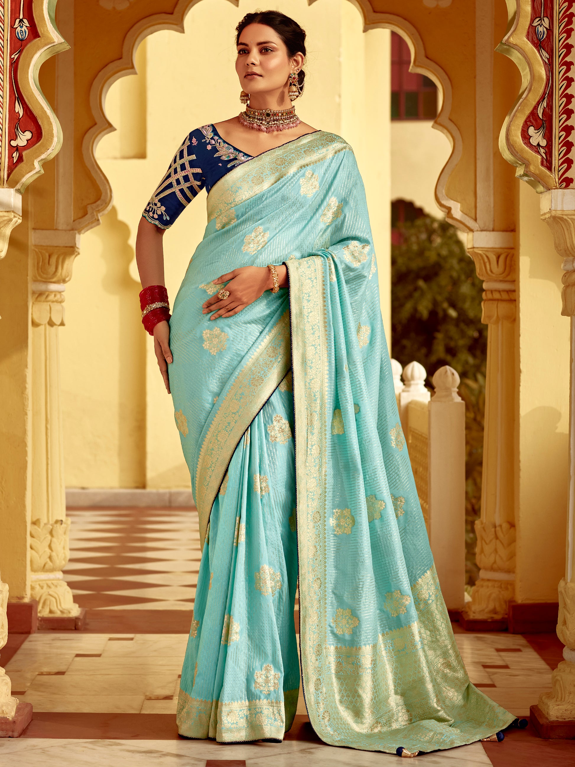 Majestic Sky Blue Zari Weaving Dola Silk Festive Wear Saree With Blouse