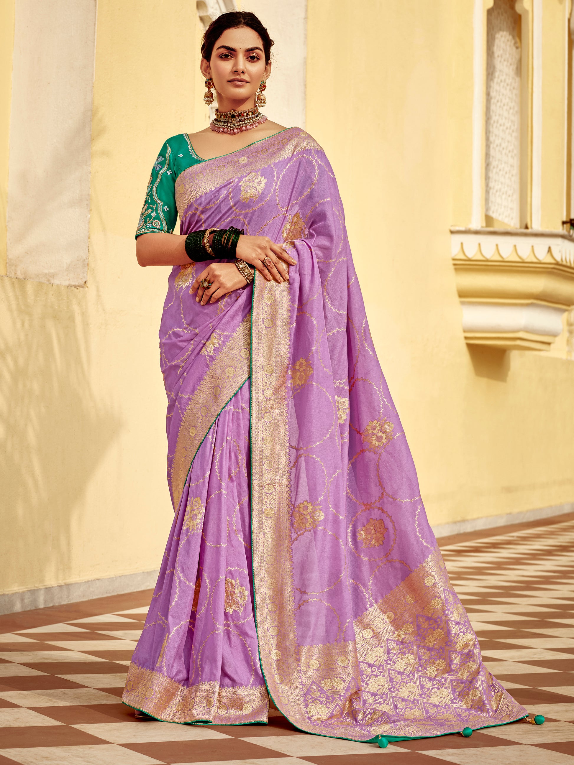 Adorable Lavender Zari Weaving Dola Silk Bridal Wear Saree With Blouse