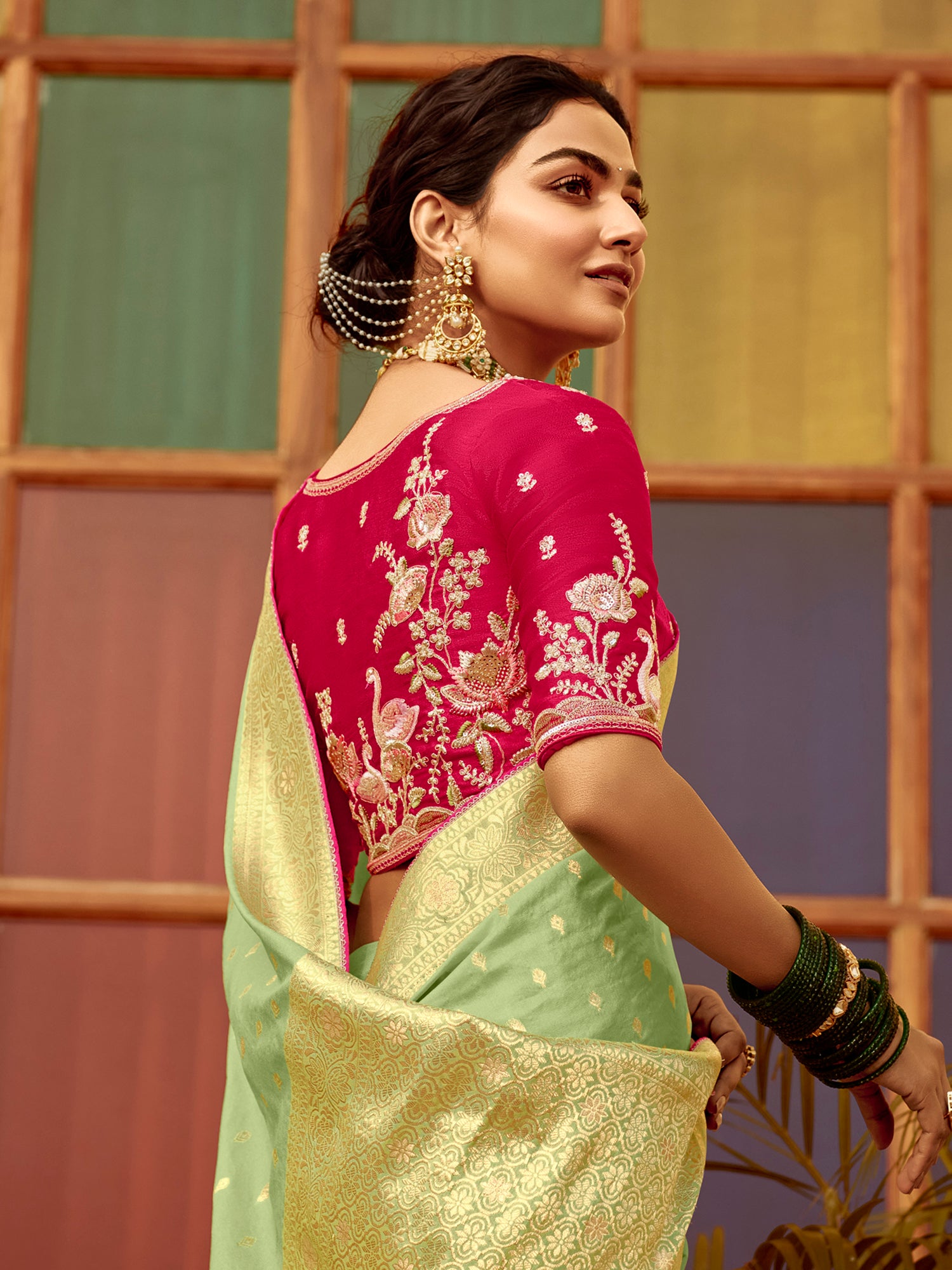 Charming Pista Green Zari Weaving Dola Silk Traditional Saree With Blouse