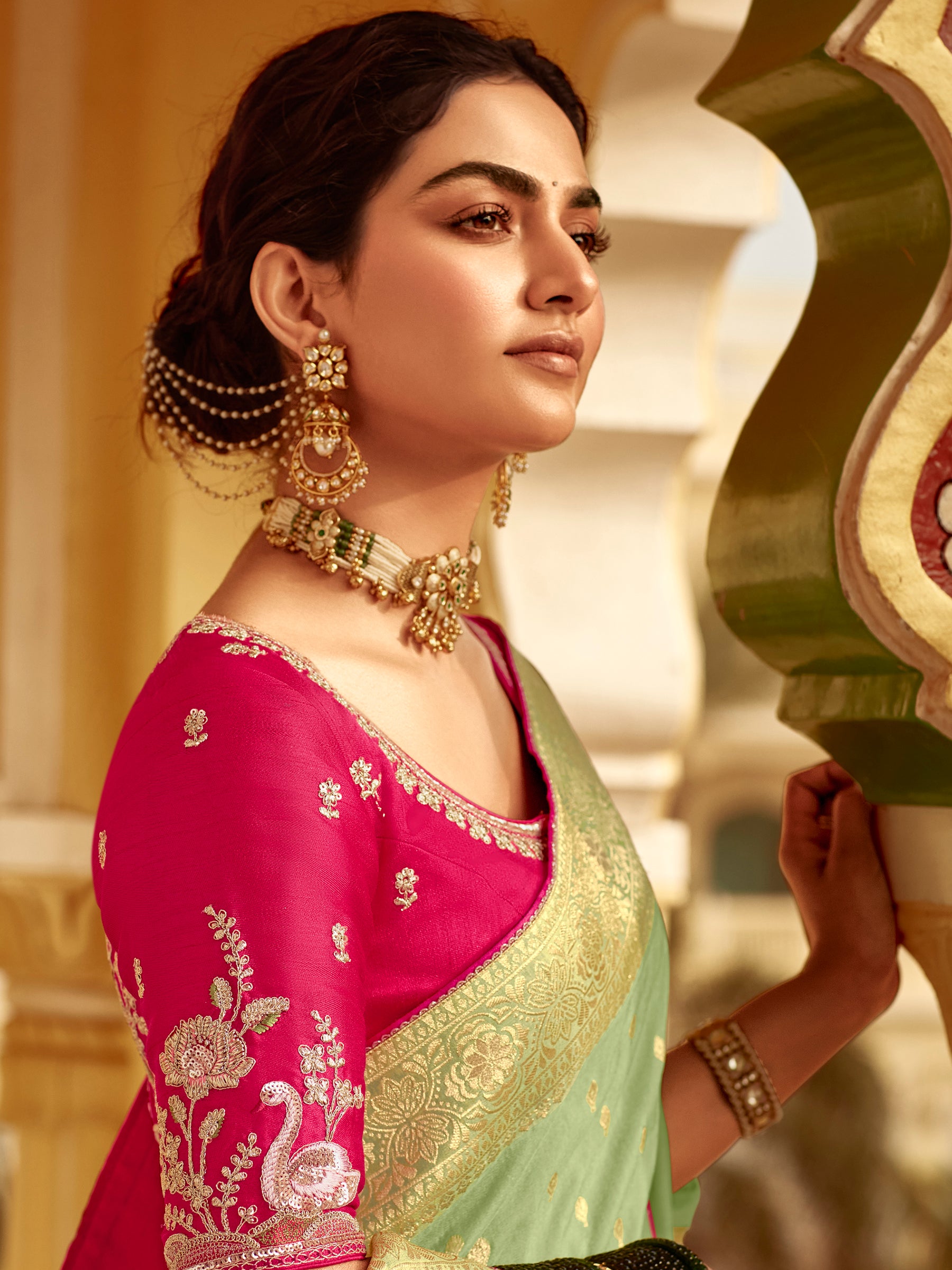 Charming Pista Green Zari Weaving Dola Silk Traditional Saree With Blouse