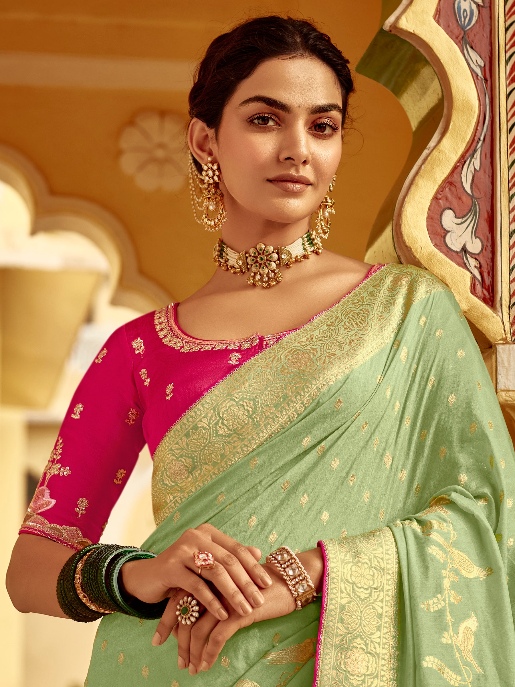 Charming Pista Green Zari Weaving Dola Silk Traditional Saree With Blouse