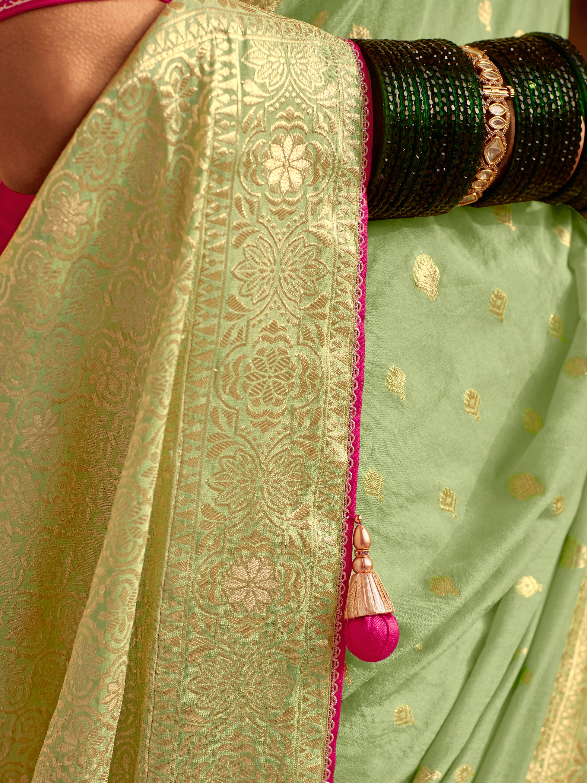 Charming Pista Green Zari Weaving Dola Silk Traditional Saree With Blouse