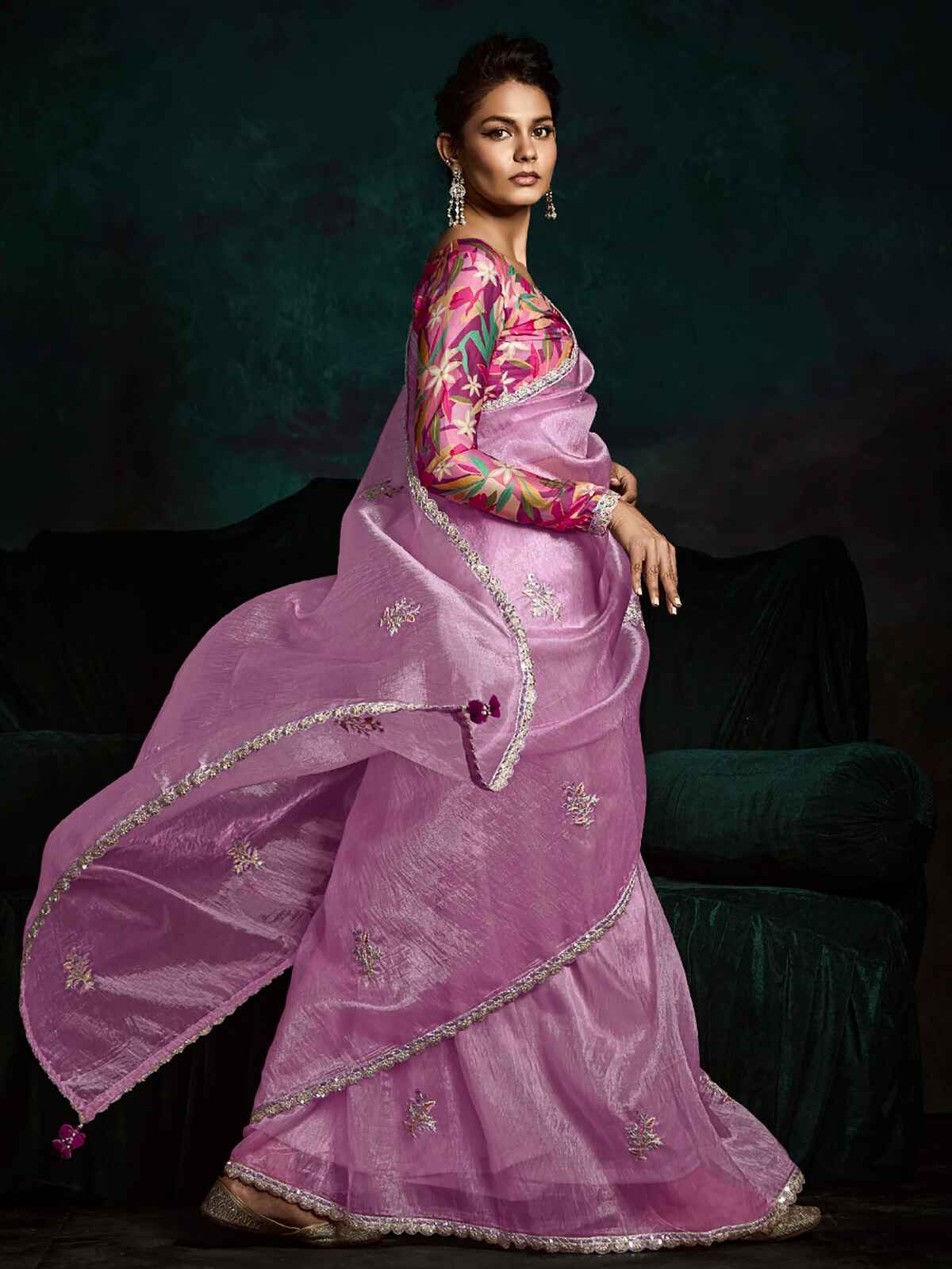 Ravishing Pink Zari Embroidered Tissue Silk Saree With Blouse