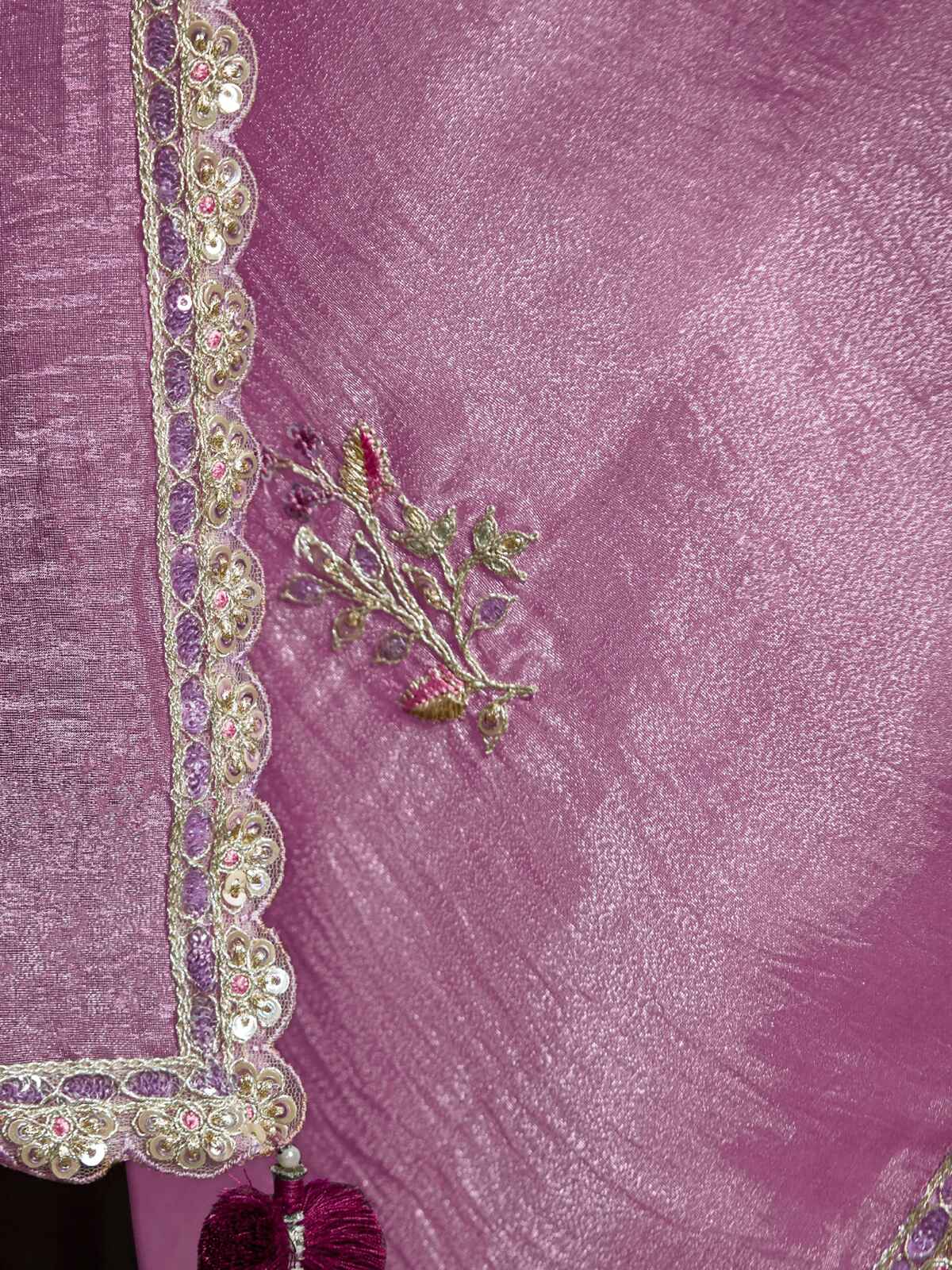 Ravishing Pink Zari Embroidered Tissue Silk Saree With Blouse