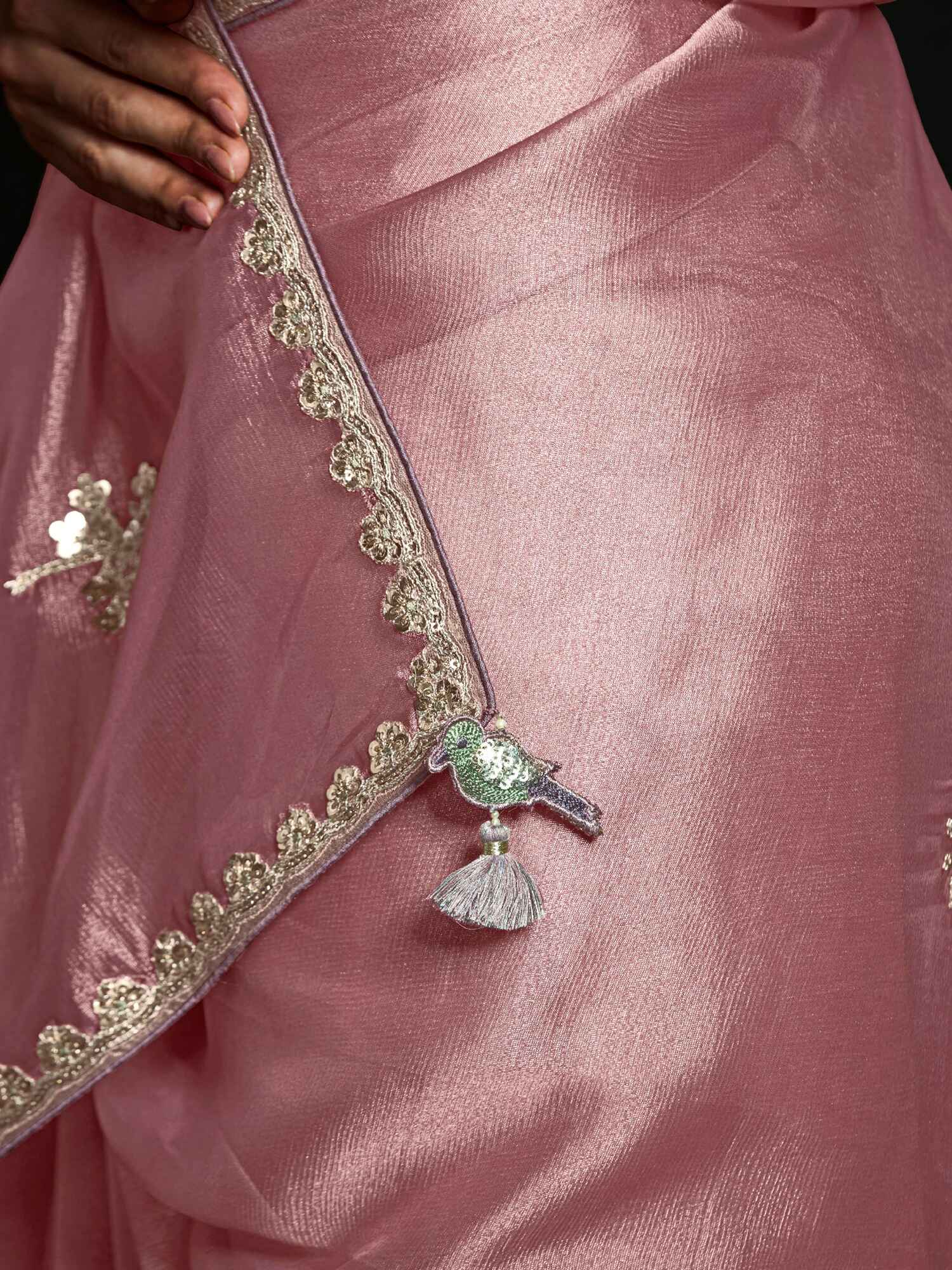 Fascinating Pink Tissue Silk Engagement Wear Saree With Blouse