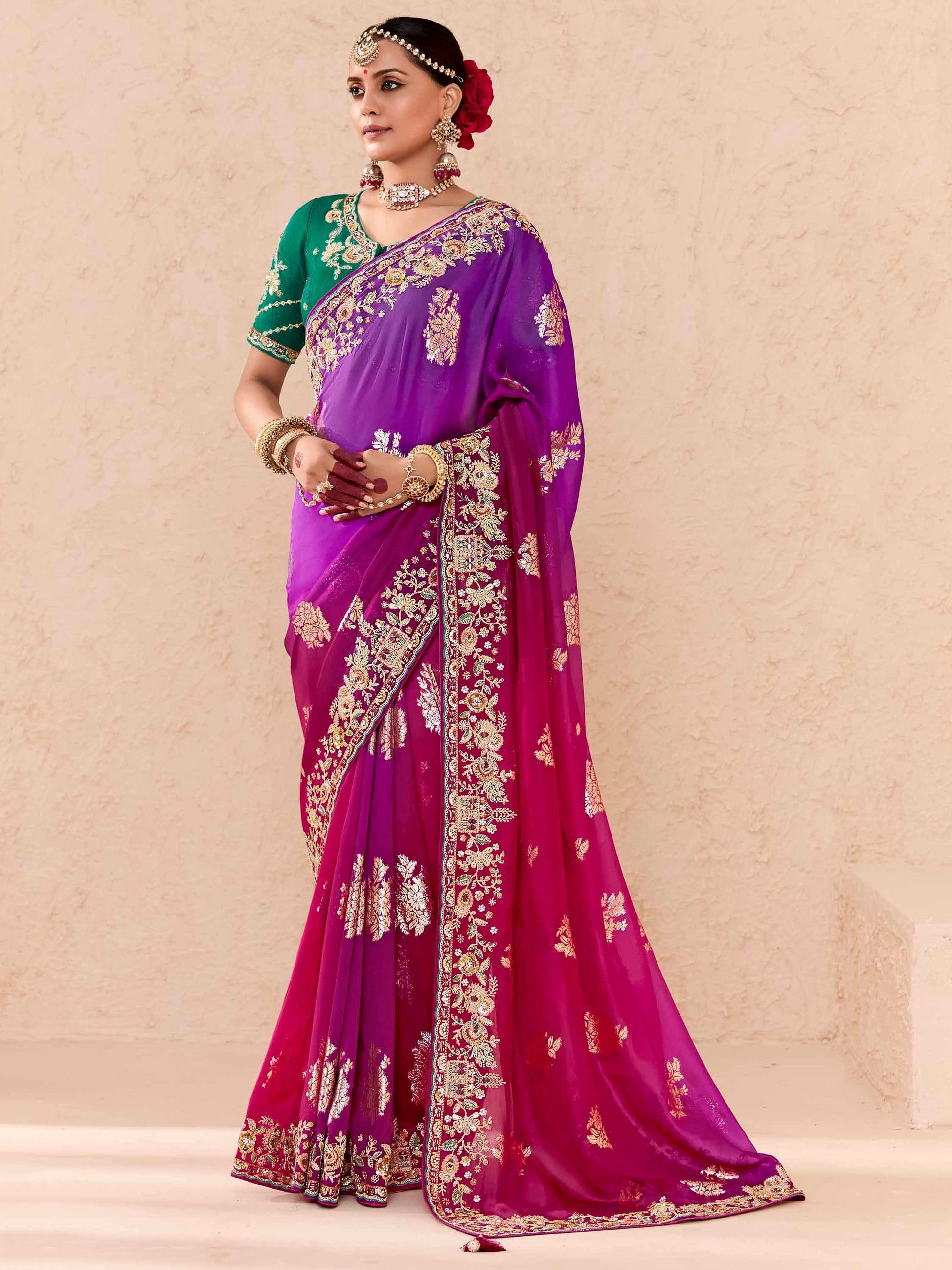 Fabulous Purple Thread Embroidered Viscose Wedding Wear Saree